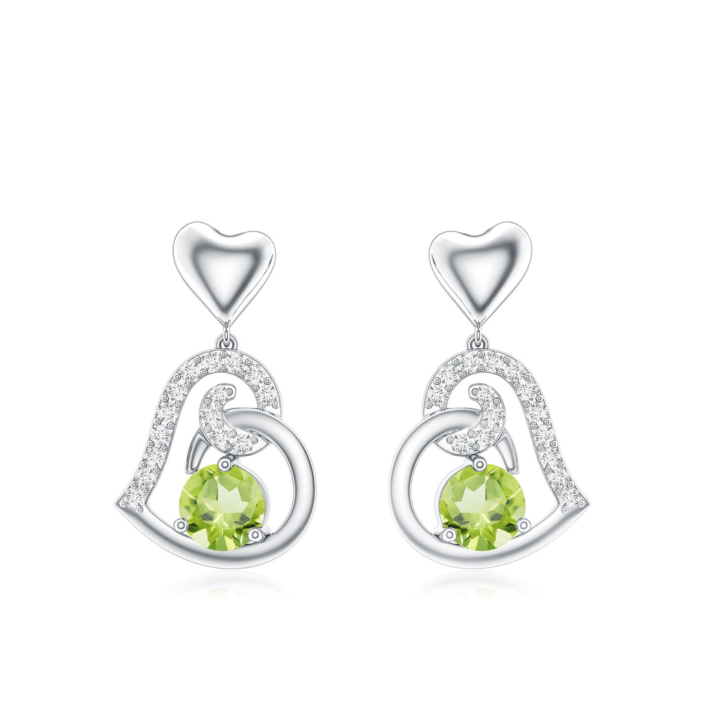 Solitaire Peridot Heart Drop Earrings with Diamond Accent