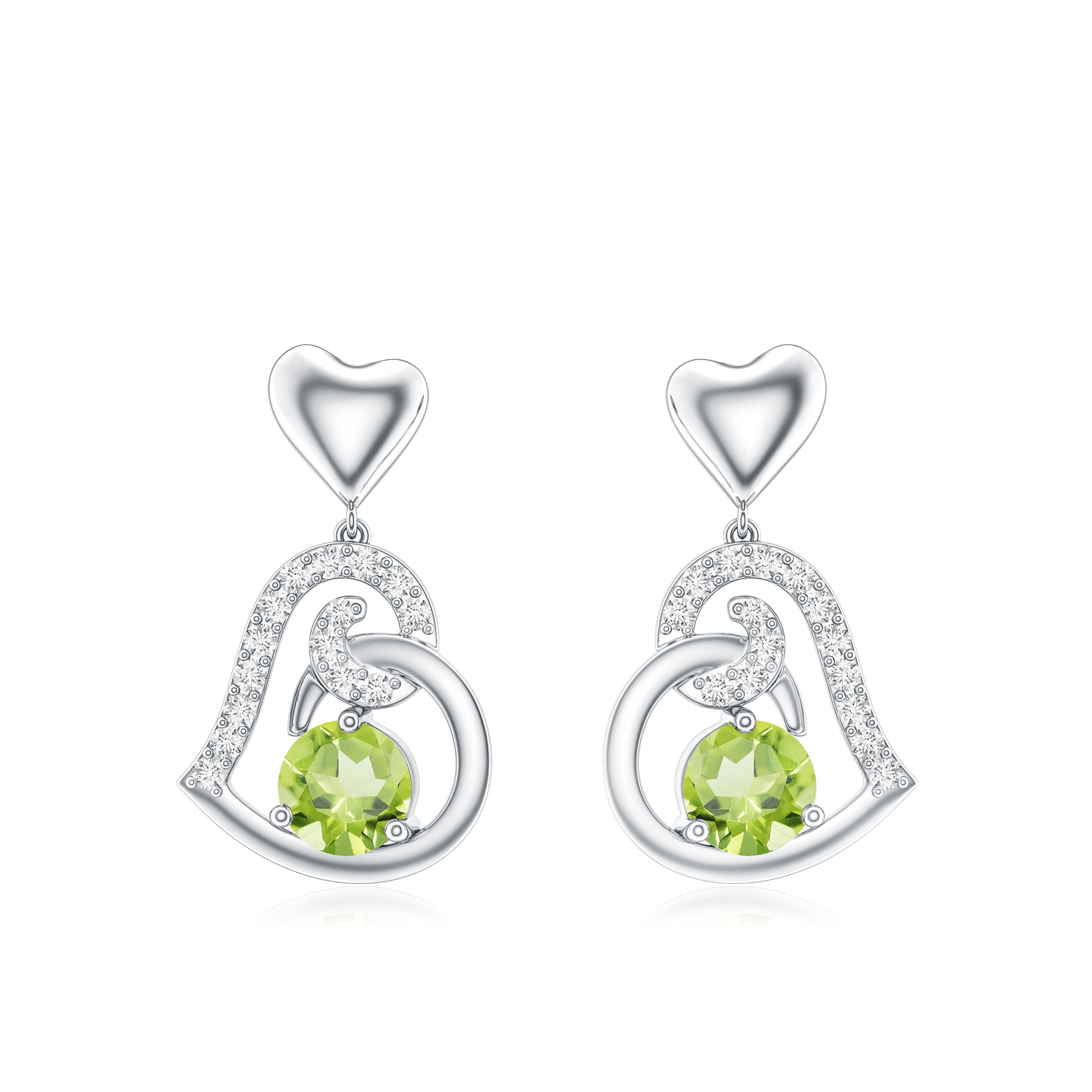 Solitaire Peridot Heart Drop Earrings with Diamond Accent