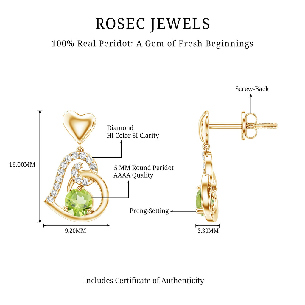 Solitaire Peridot Heart Drop Earrings with Diamond Accent
