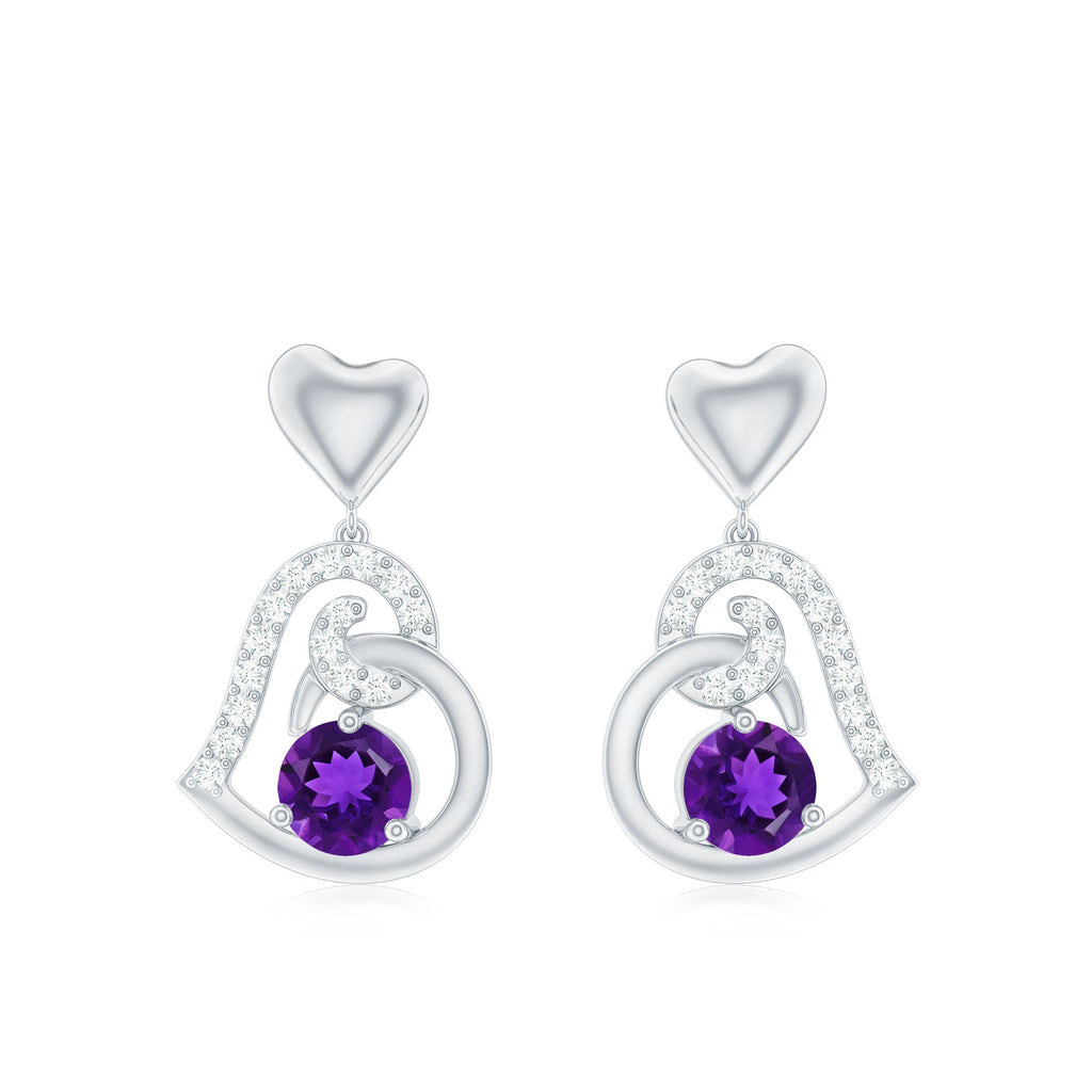 Natural Amethyst Diamond Heart Drop Earrings