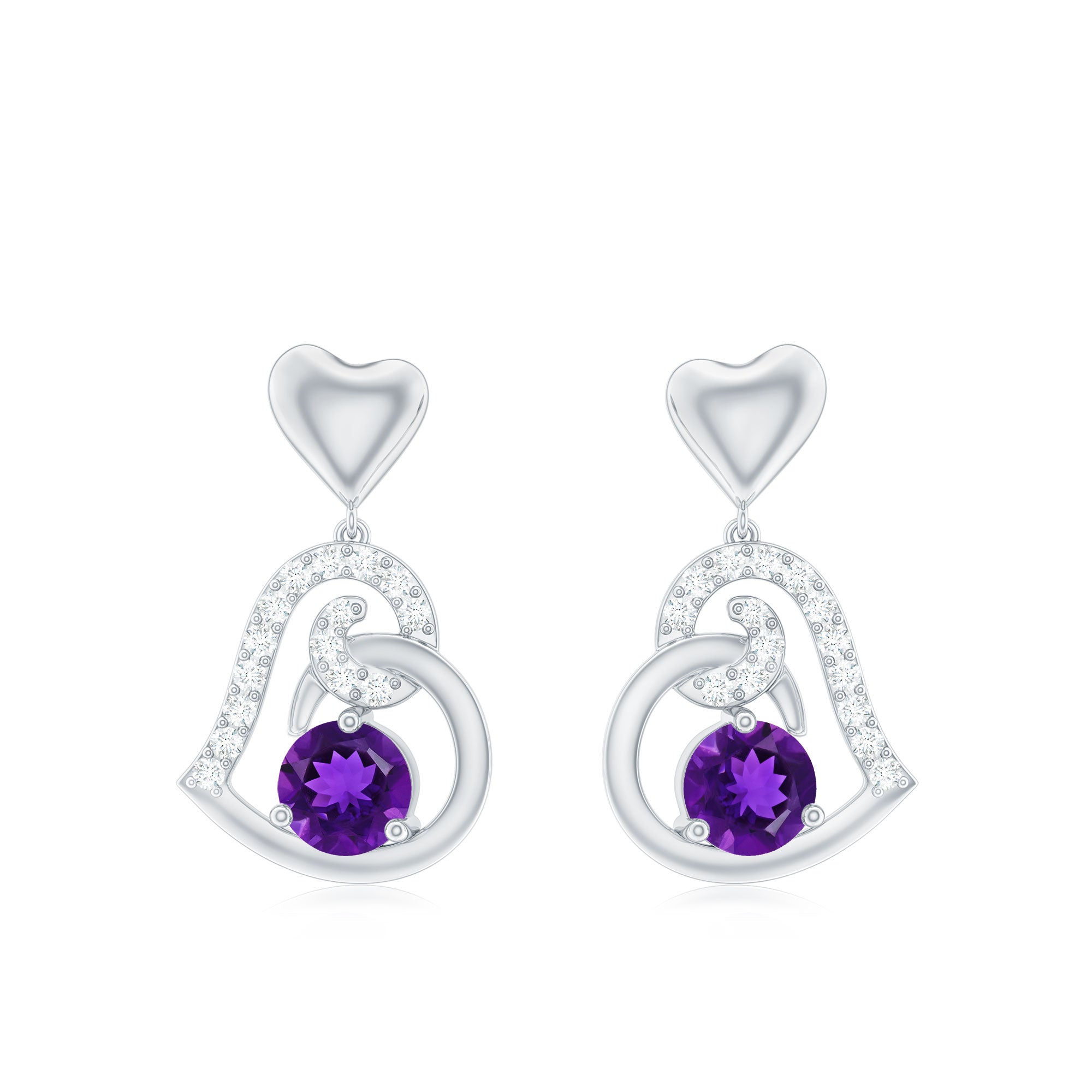 Natural Amethyst Diamond Heart Drop Earrings