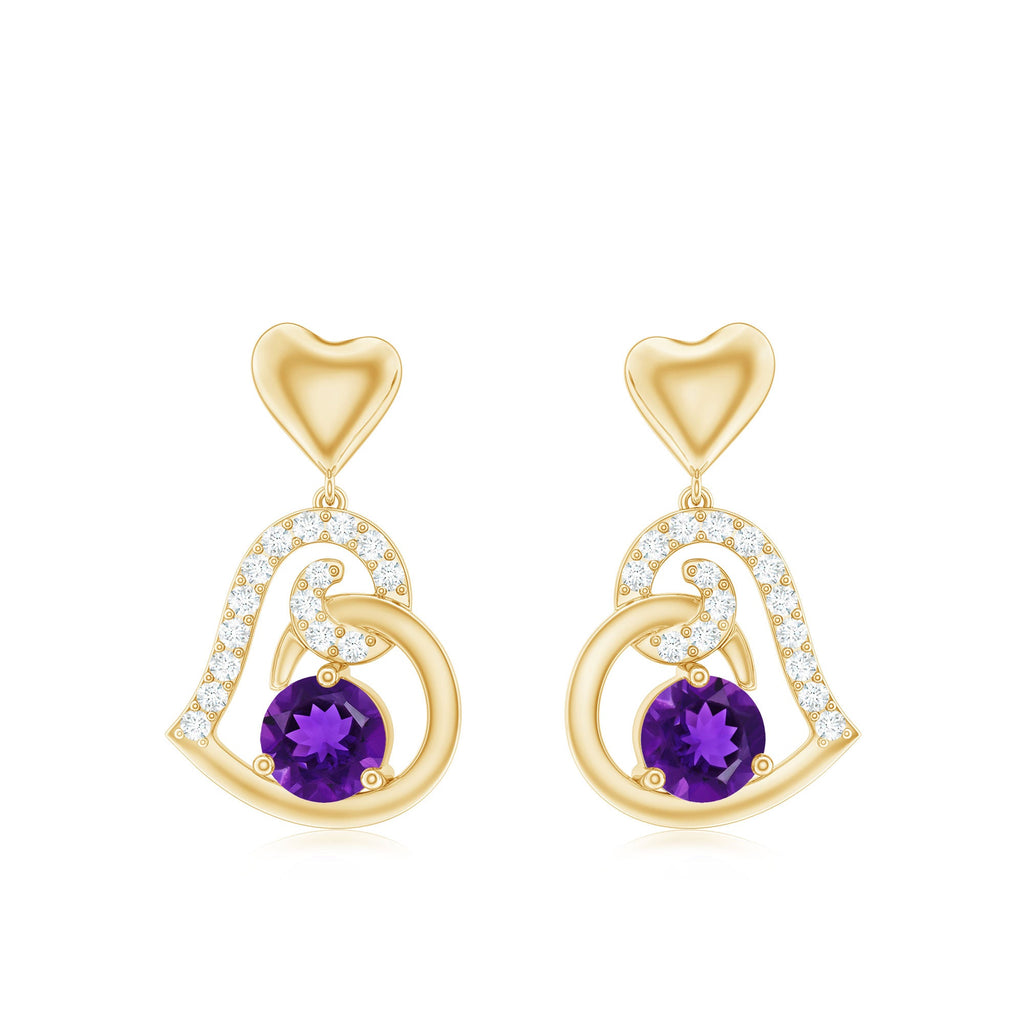 Natural Amethyst Diamond Heart Drop Earrings