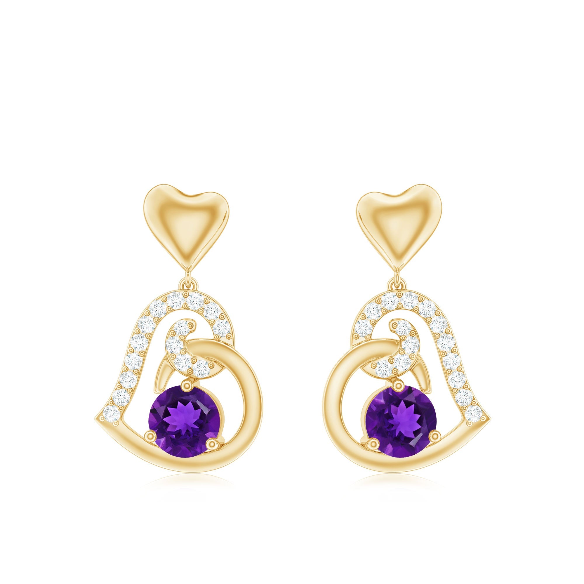 Natural Amethyst Diamond Heart Drop Earrings