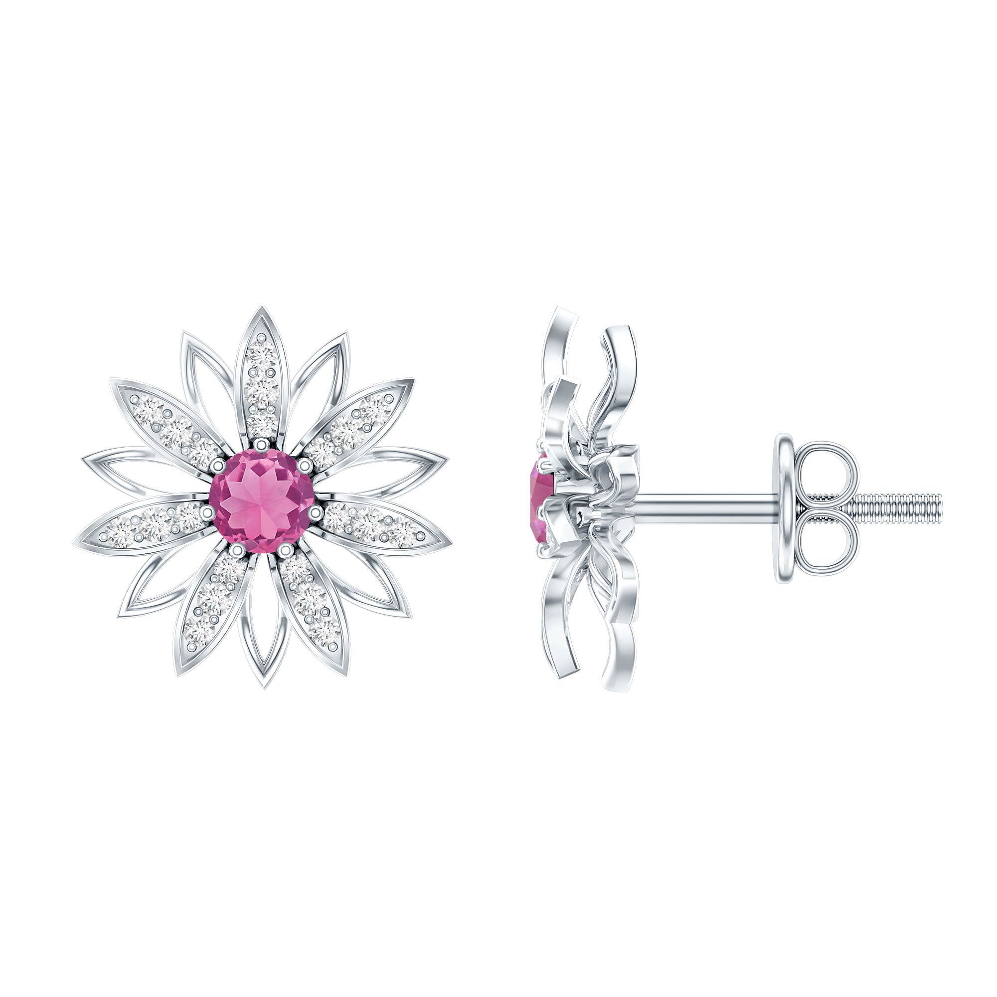 Round Pink Tourmaline Flower Stud Earrings with Diamond
