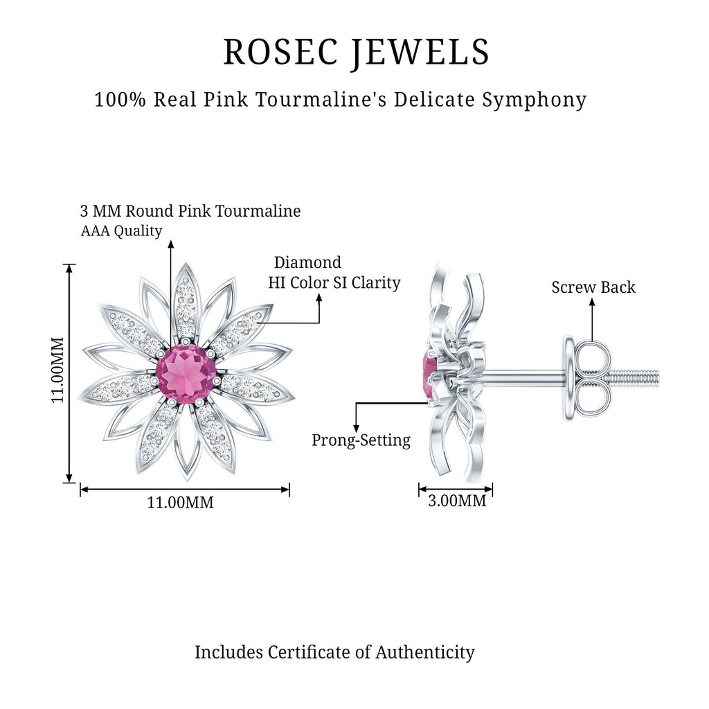 Round Pink Tourmaline Flower Stud Earrings with Diamond