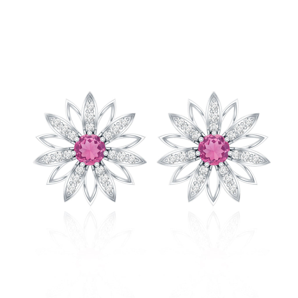 Round Pink Tourmaline Flower Stud Earrings with Diamond