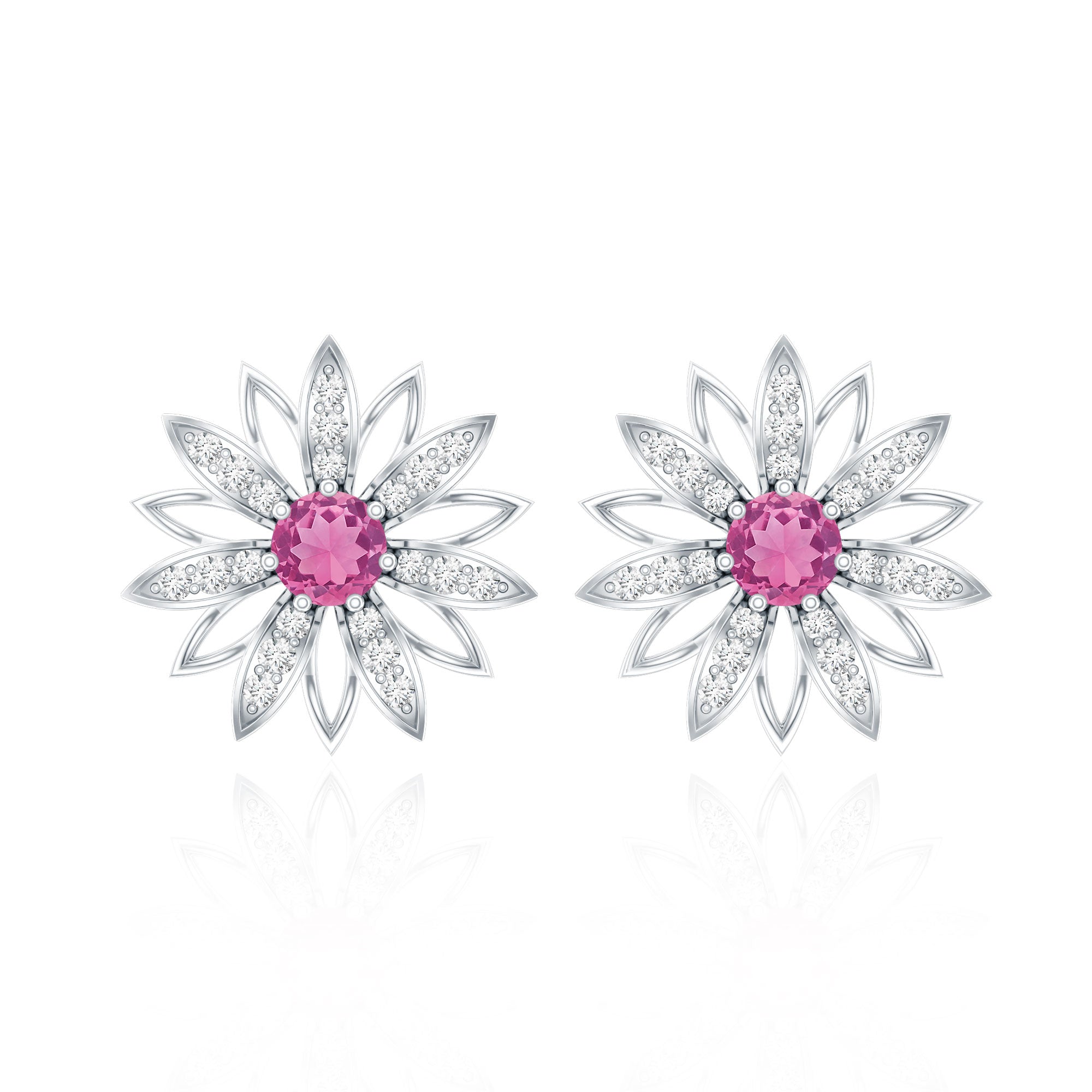 Round Pink Tourmaline Flower Stud Earrings with Diamond