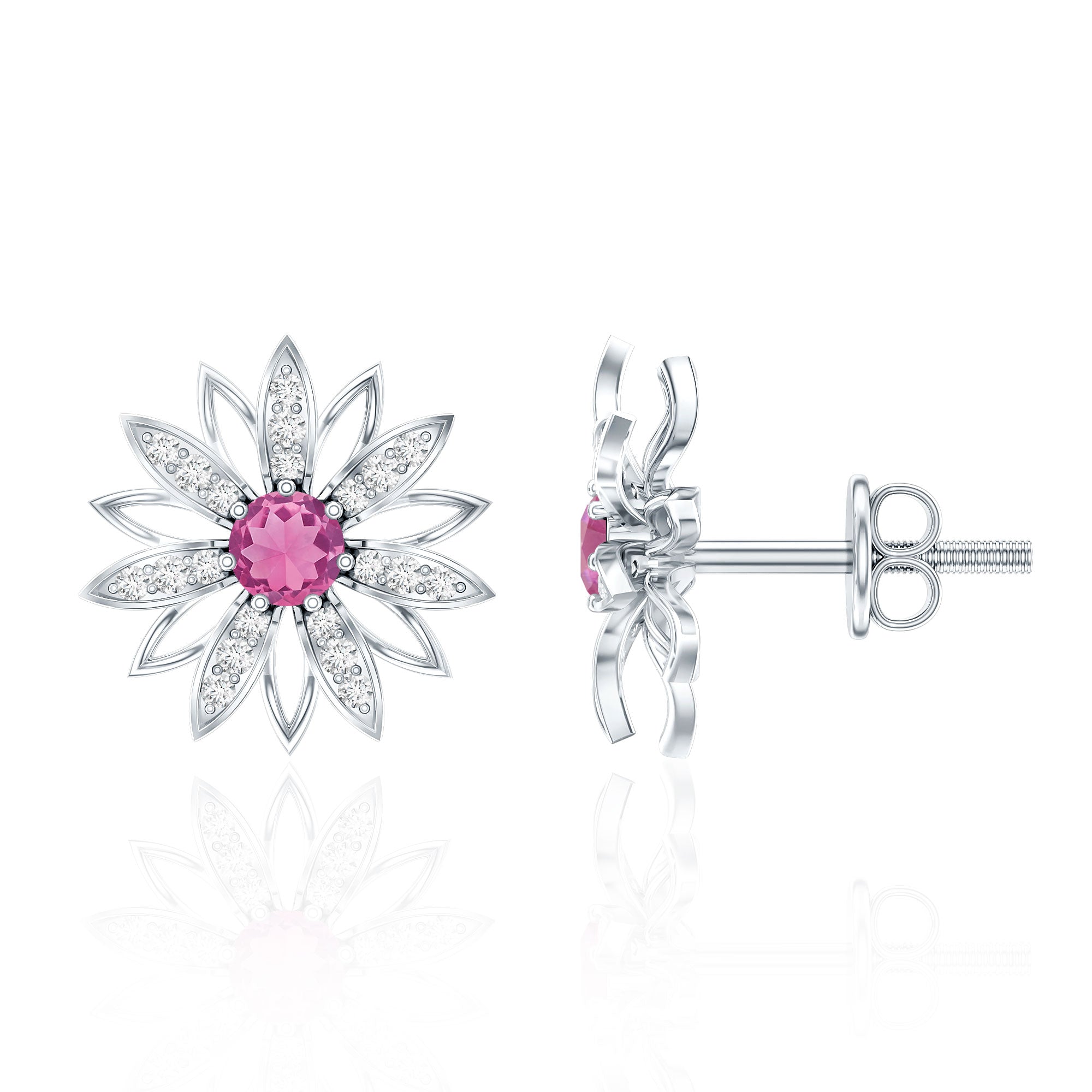 Round Pink Tourmaline Flower Stud Earrings with Diamond