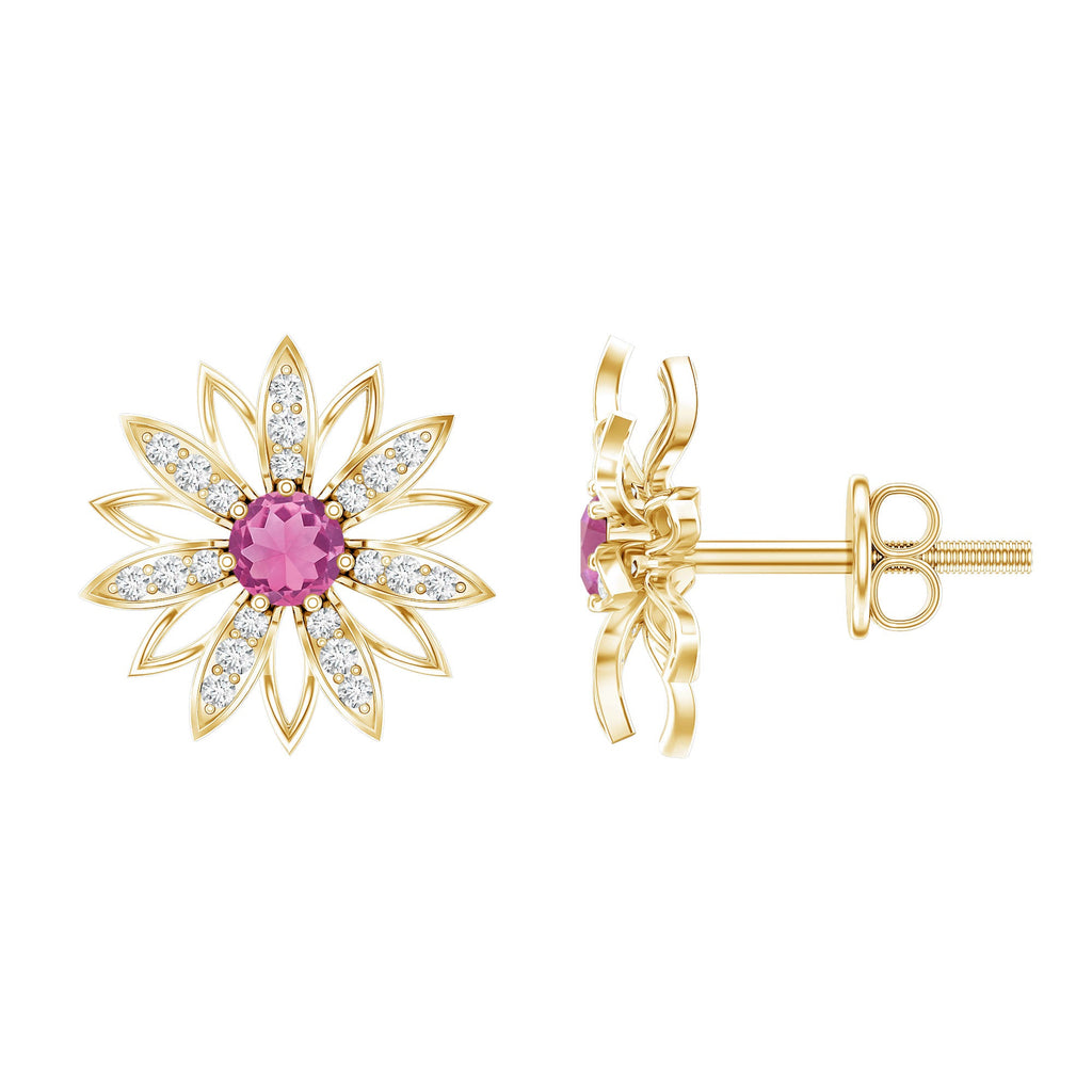 Round Pink Tourmaline Flower Stud Earrings with Diamond