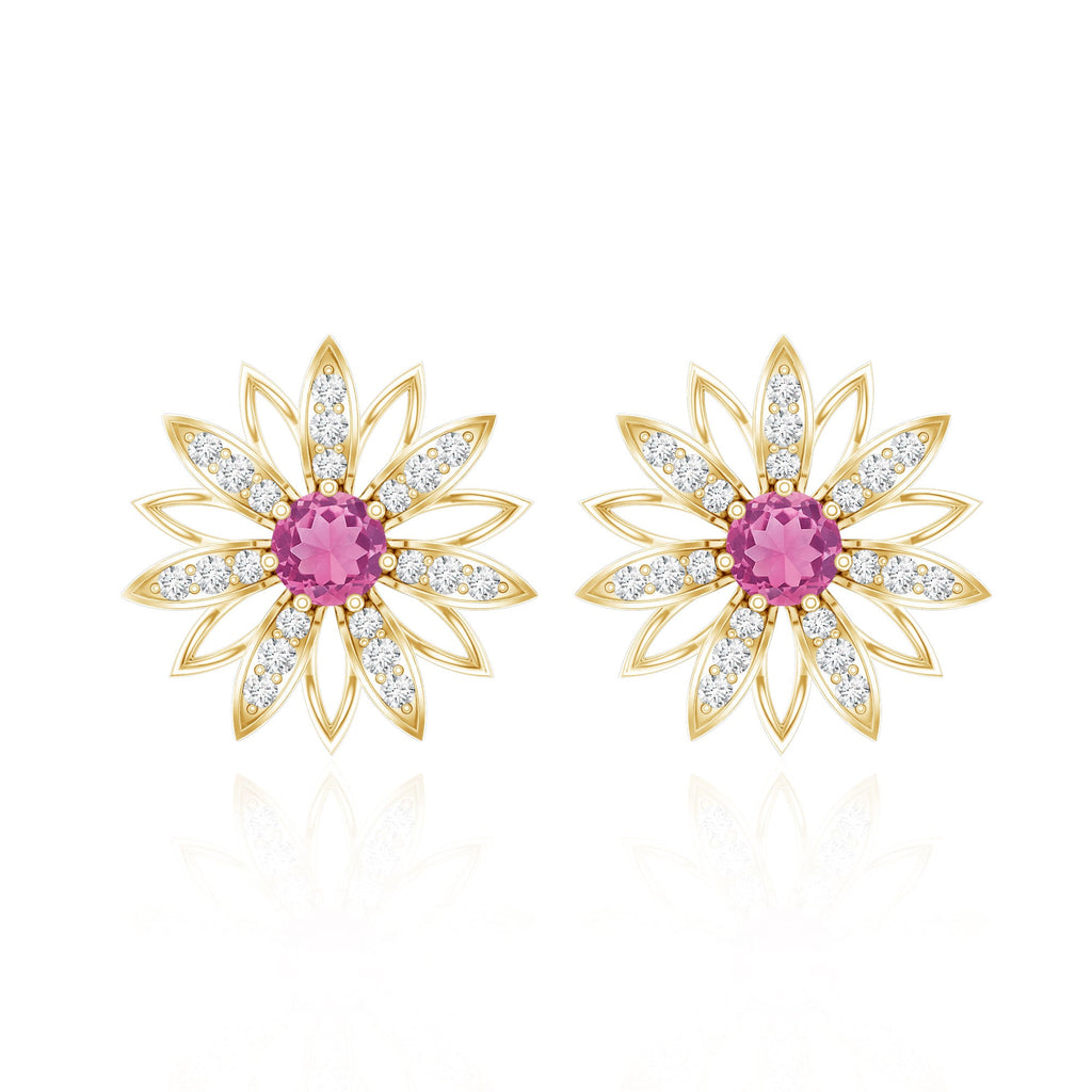 Round Pink Tourmaline Flower Stud Earrings with Diamond