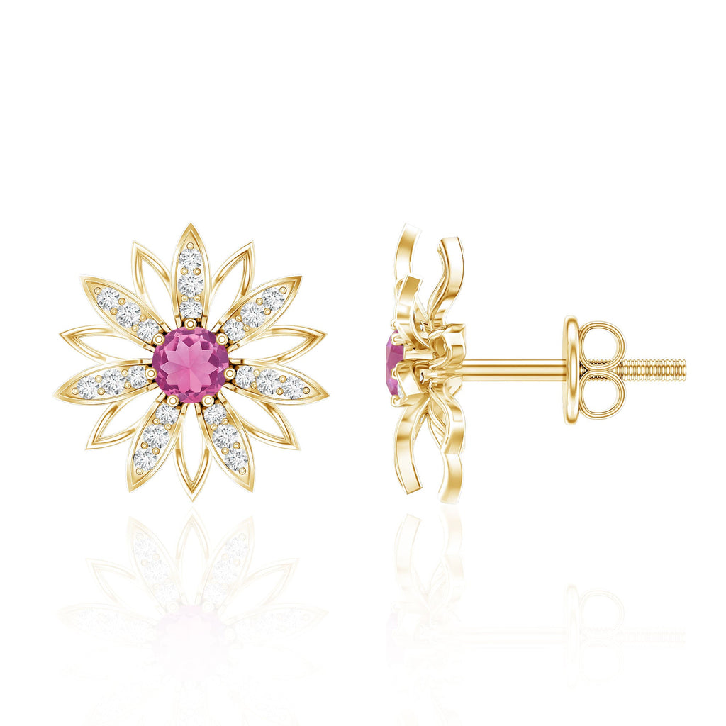 Round Pink Tourmaline Flower Stud Earrings with Diamond