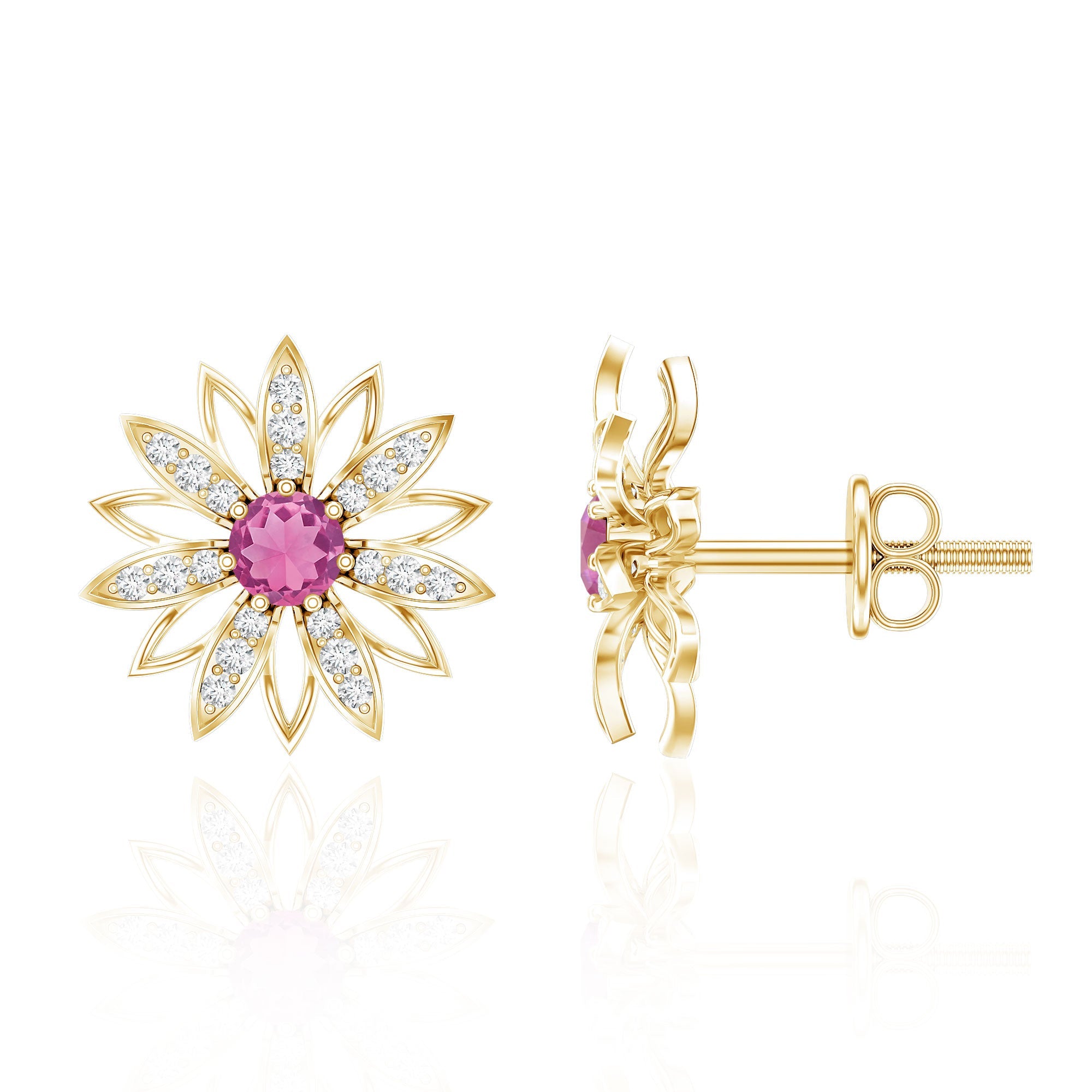 Round Pink Tourmaline Flower Stud Earrings with Diamond