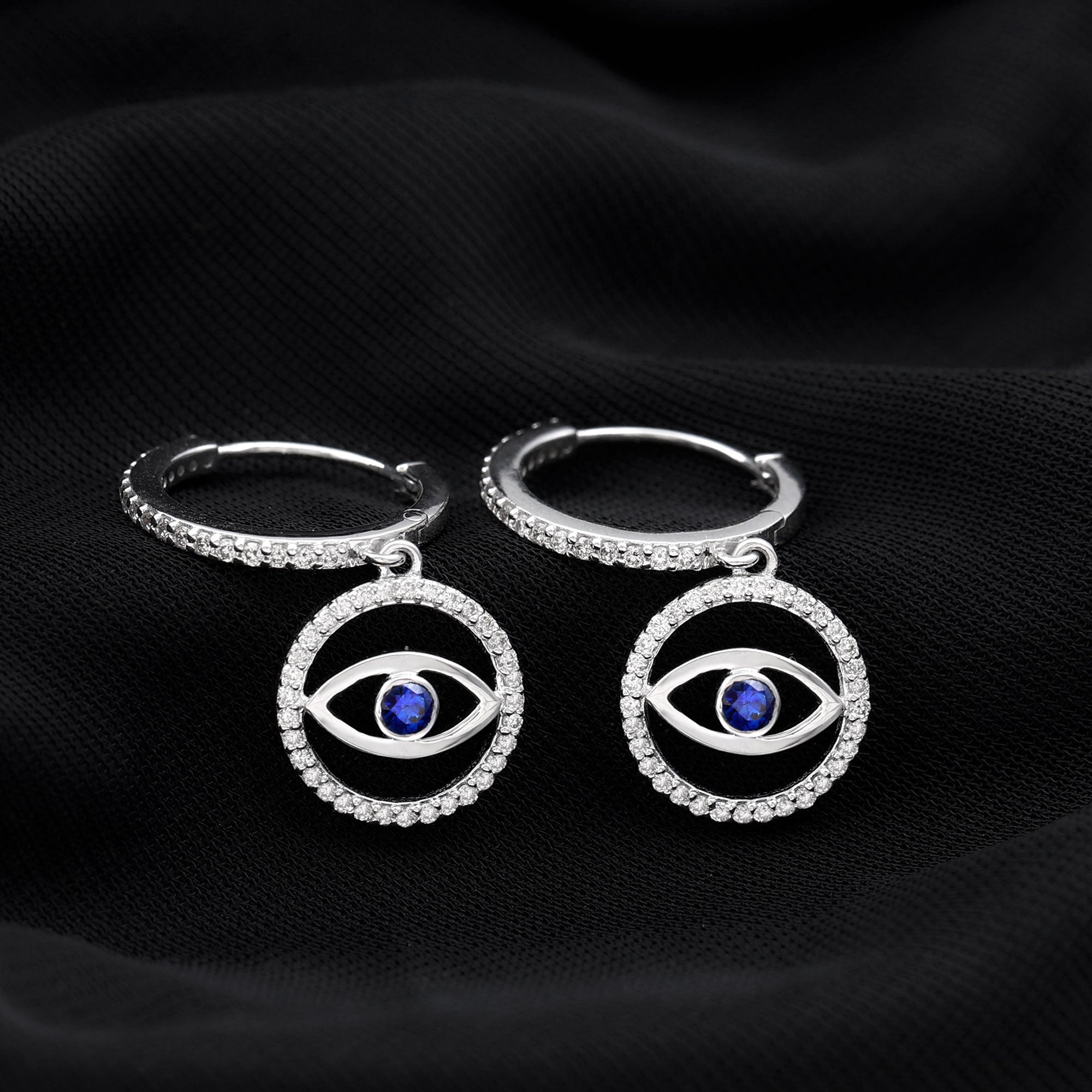 Real Blue Sapphire and Diamond Evil Eye Hoop Drop Earrings