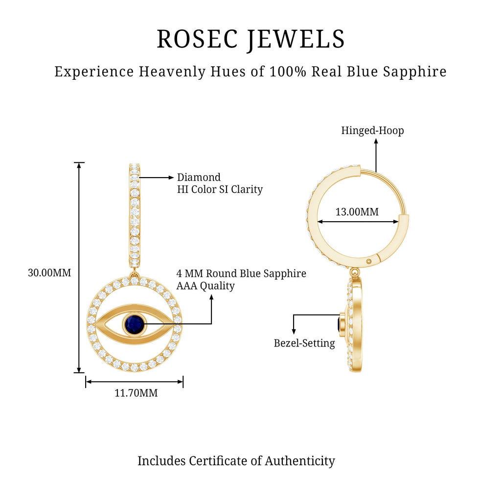 Real Blue Sapphire and Diamond Evil Eye Hoop Drop Earrings