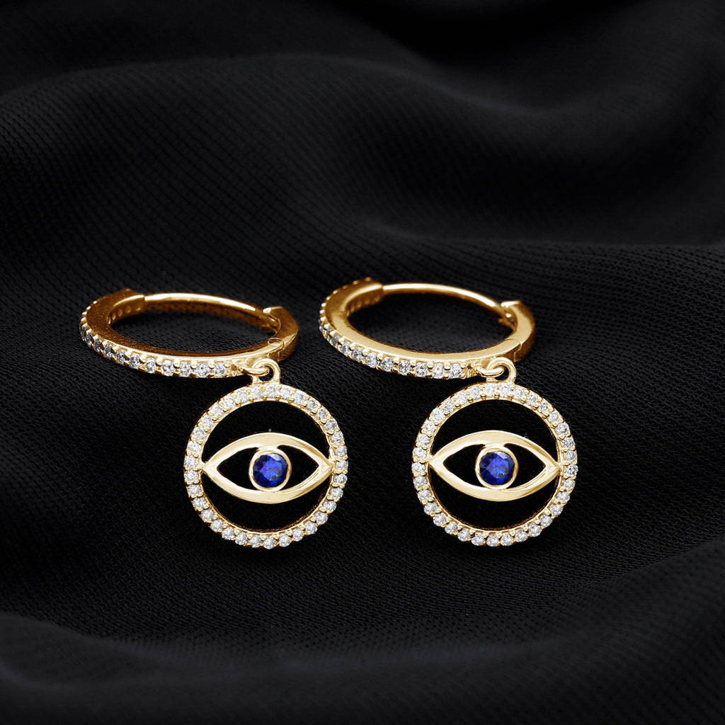 Real Blue Sapphire and Diamond Evil Eye Hoop Drop Earrings