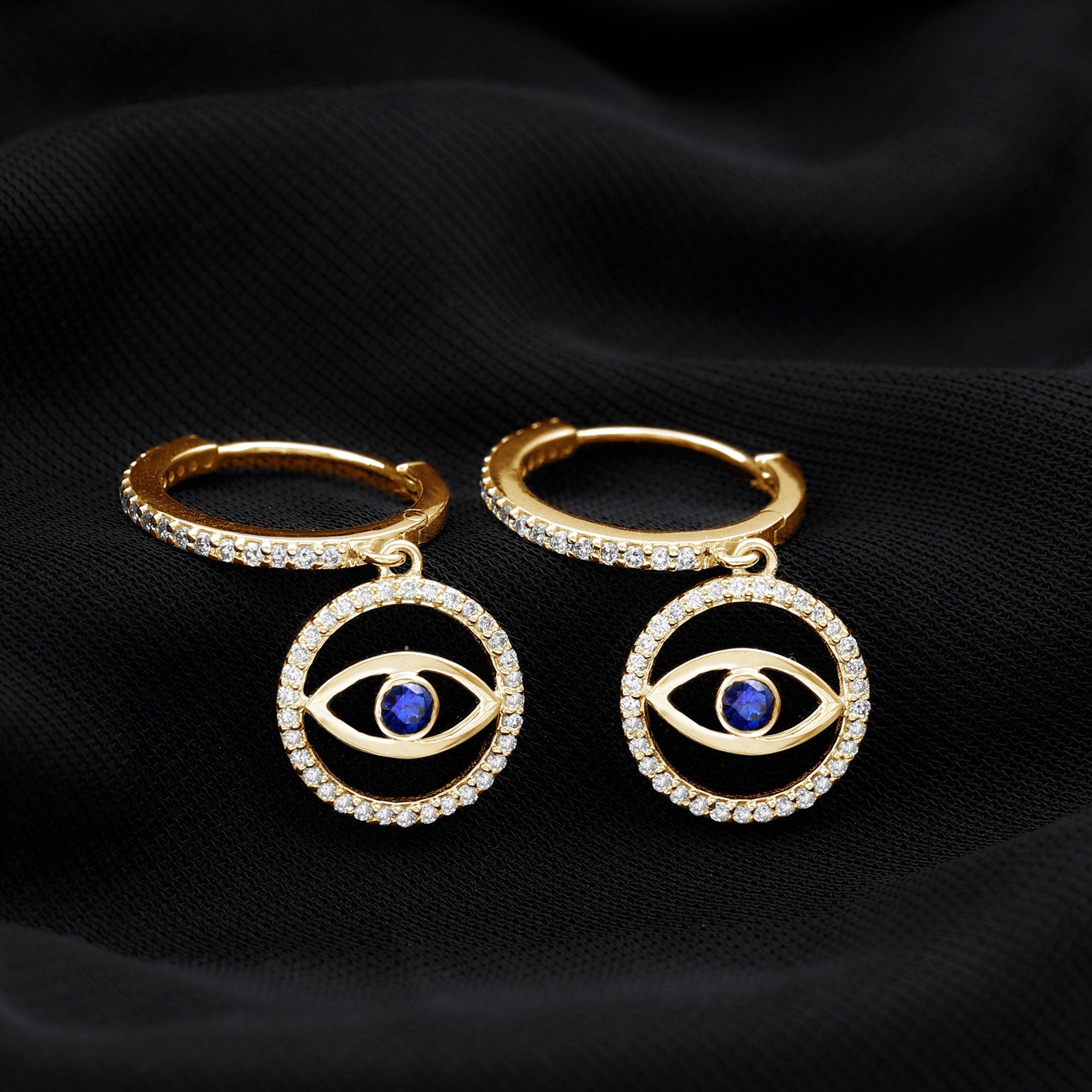 Real Blue Sapphire and Diamond Evil Eye Hoop Drop Earrings