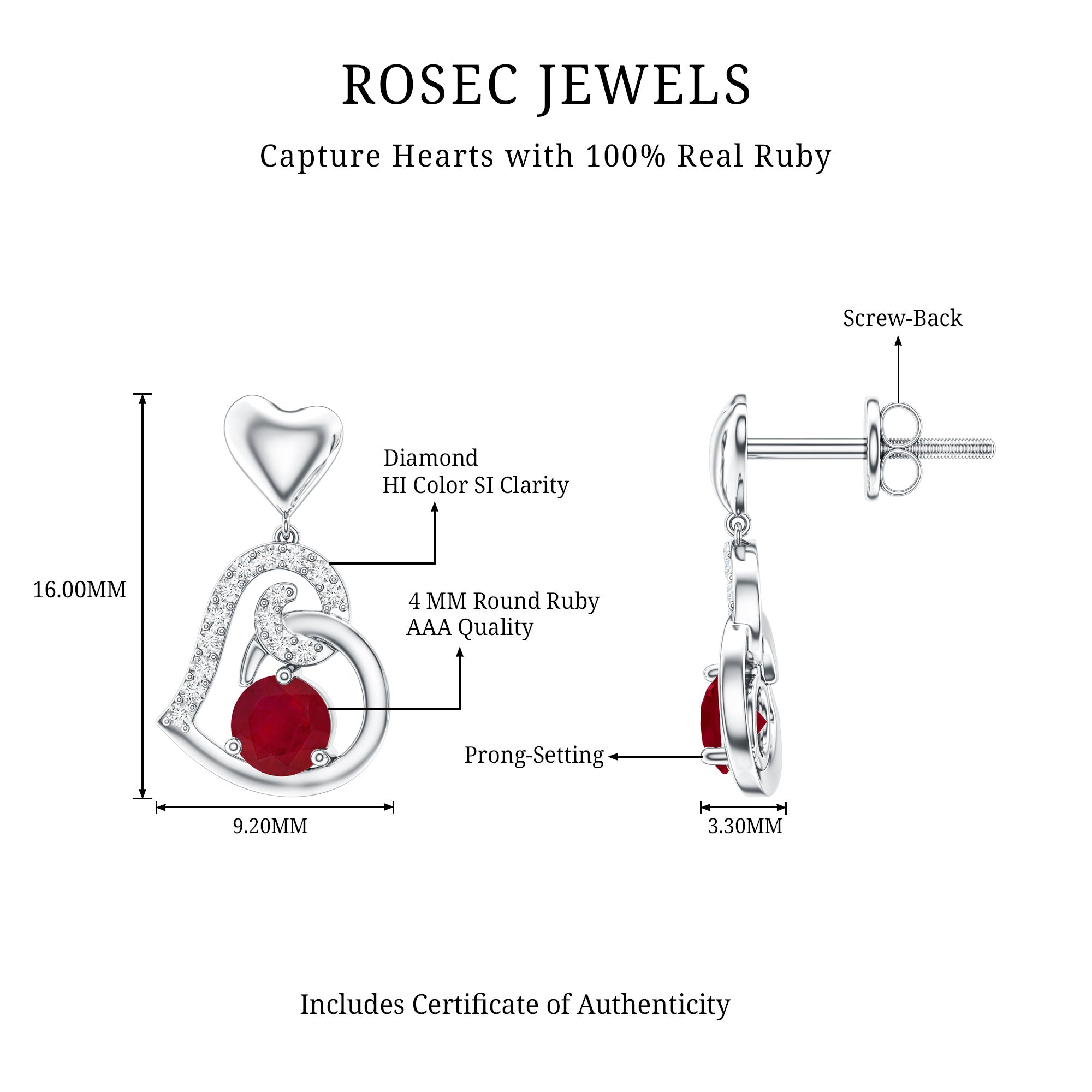 Round Ruby Heart Drop Earring with Diamond Accent