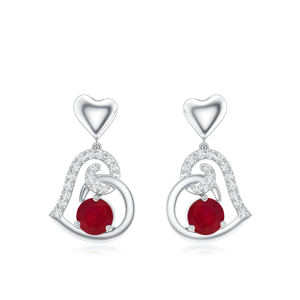 Round Ruby Heart Drop Earring with Diamond Accent