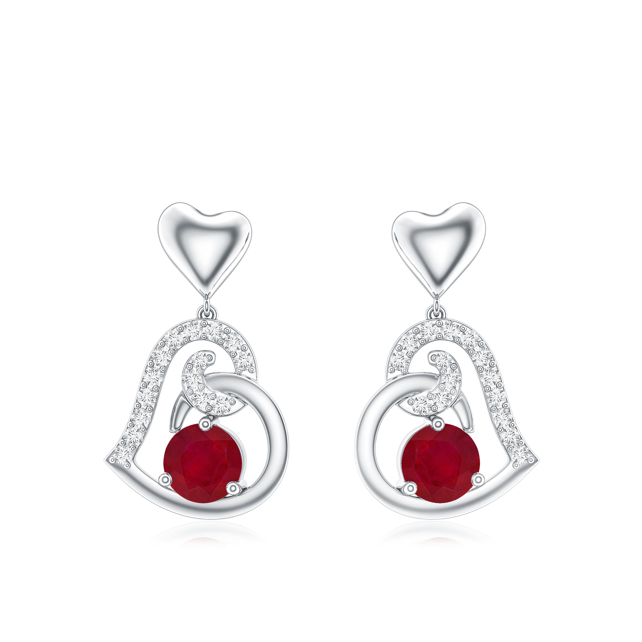 Round Ruby Heart Drop Earring with Diamond Accent
