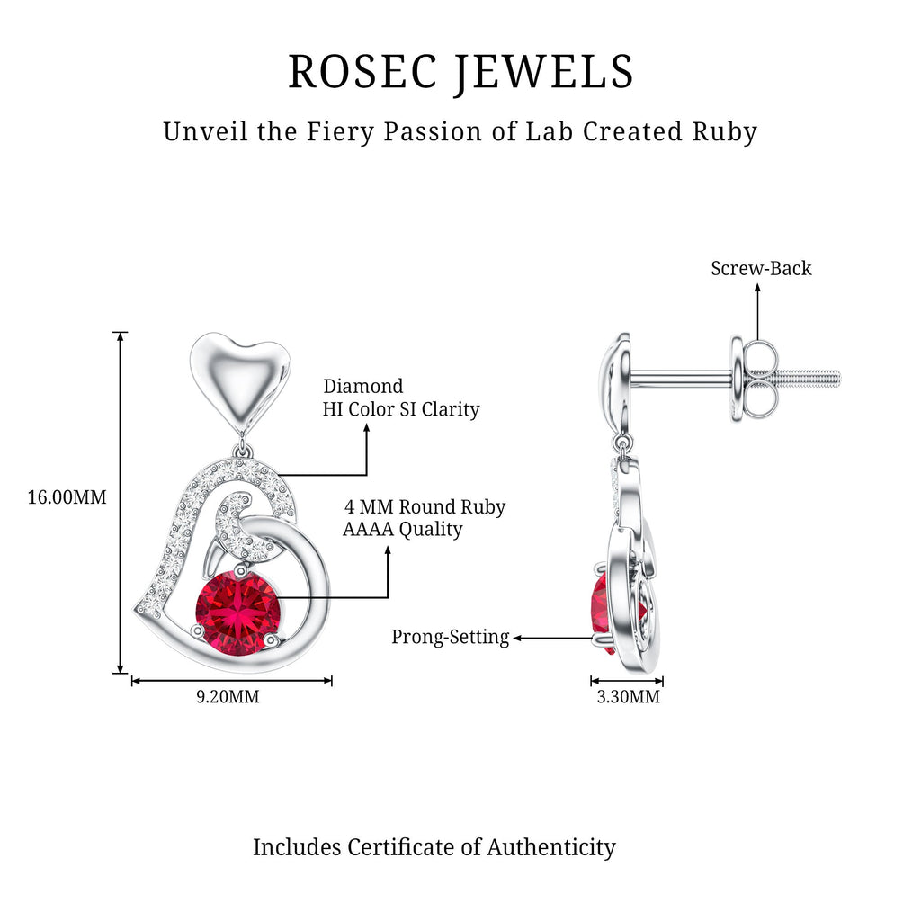 Lab Created Ruby and Diamond Heart Drop Earrings