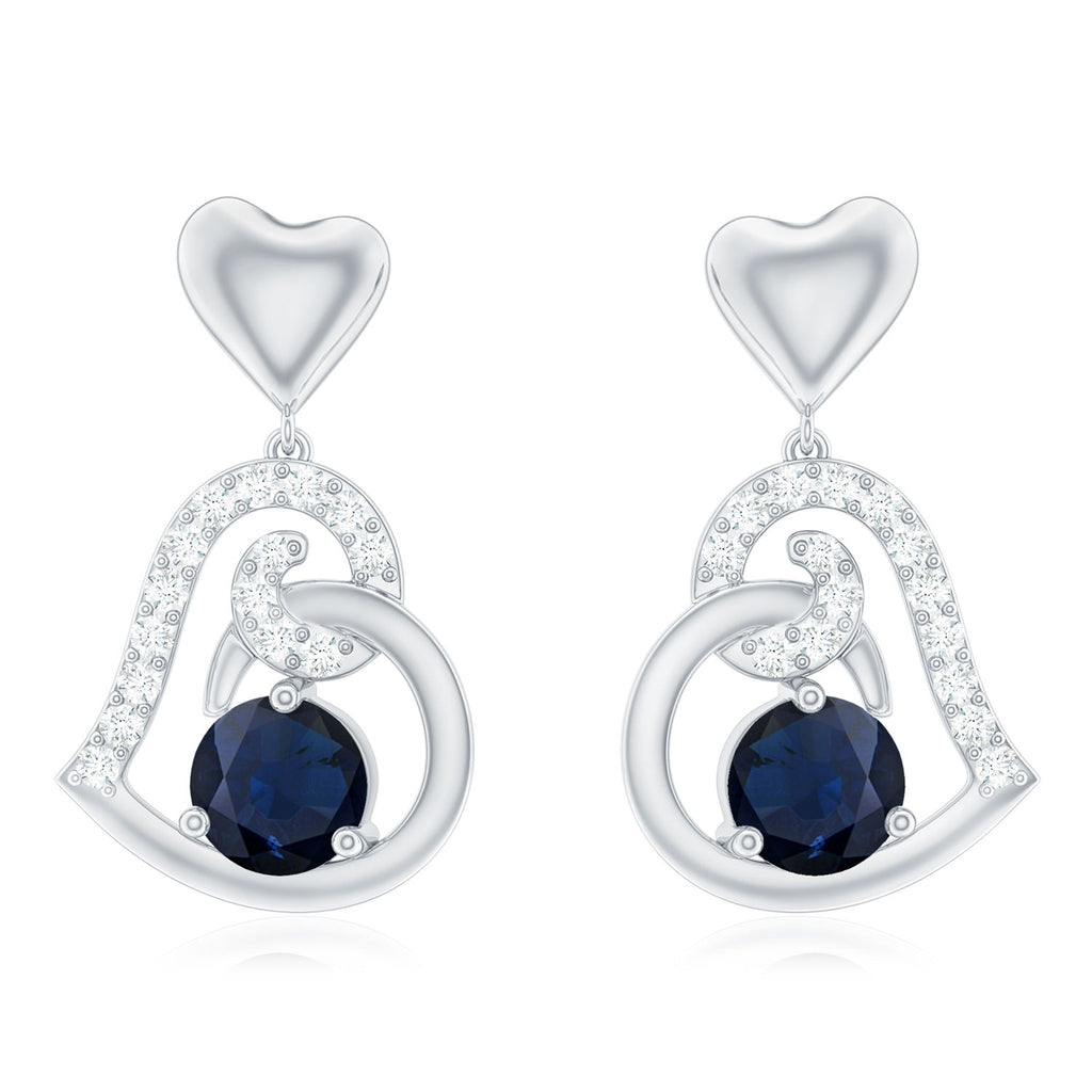 Real 0.8 Carat Blue Sapphire and Diamond Dangling Earrings