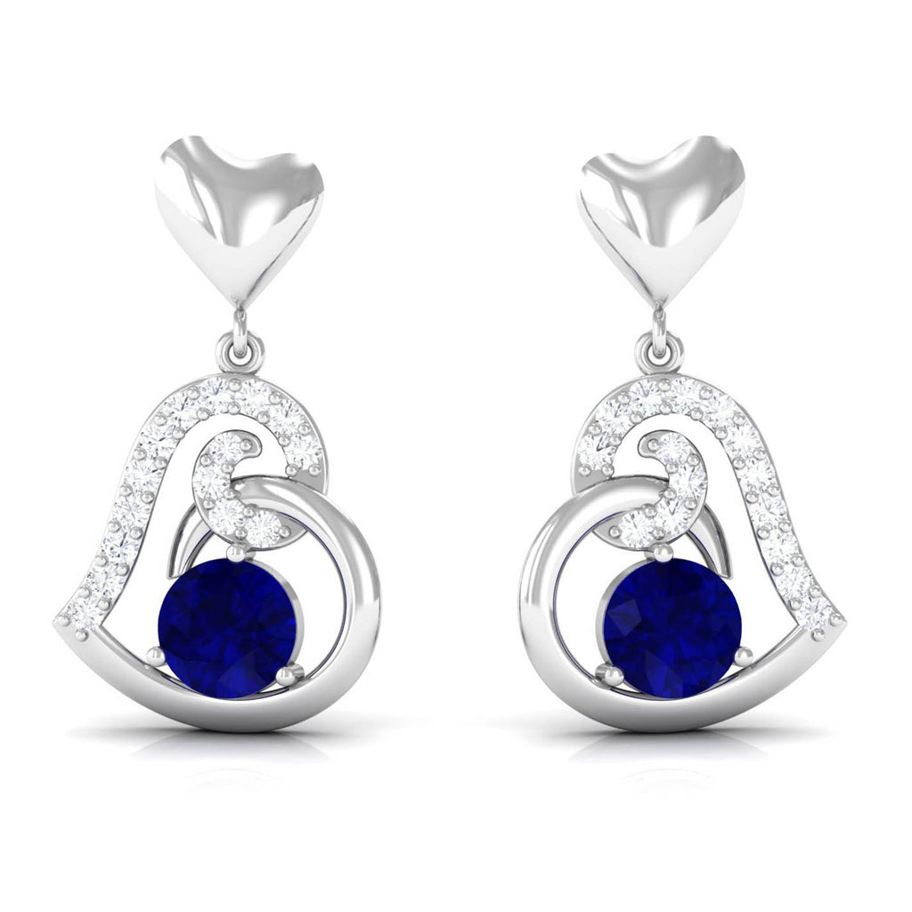 Real 0.8 Carat Blue Sapphire and Diamond Dangling Earrings