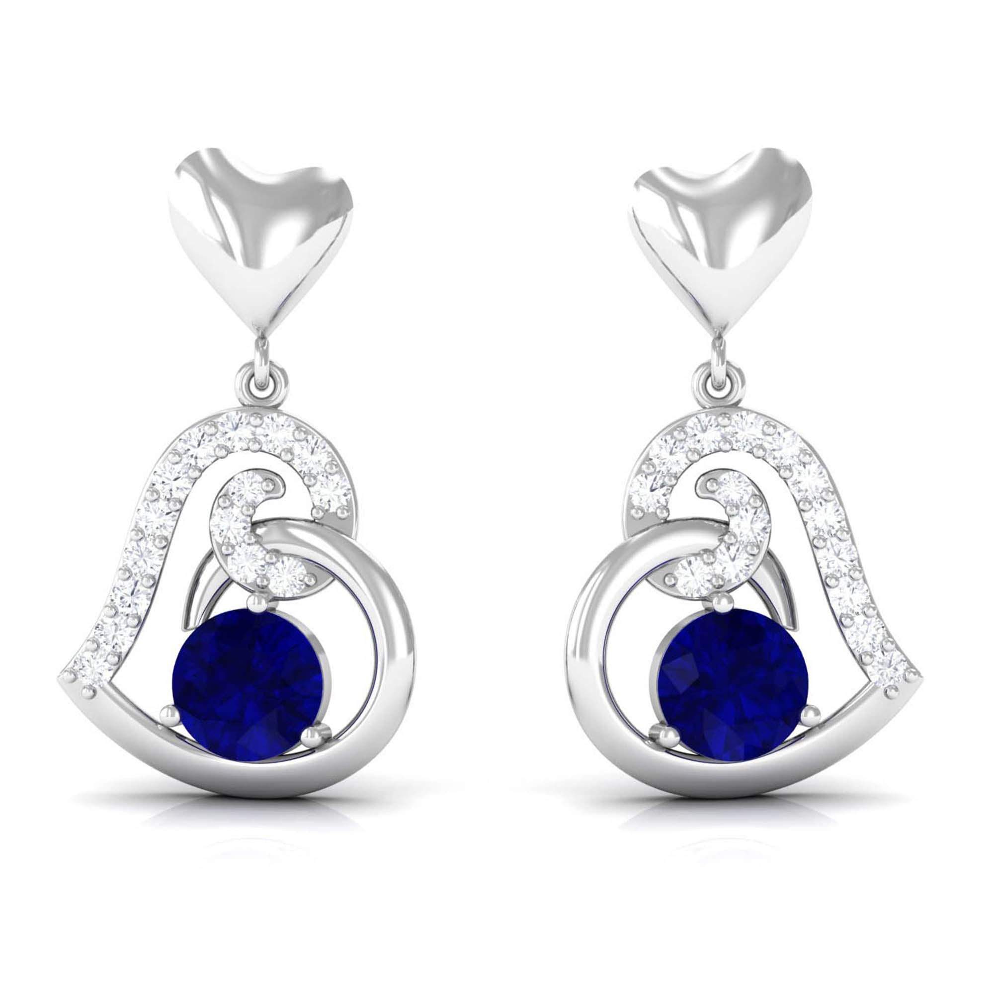 Real 0.8 Carat Blue Sapphire and Diamond Dangling Earrings