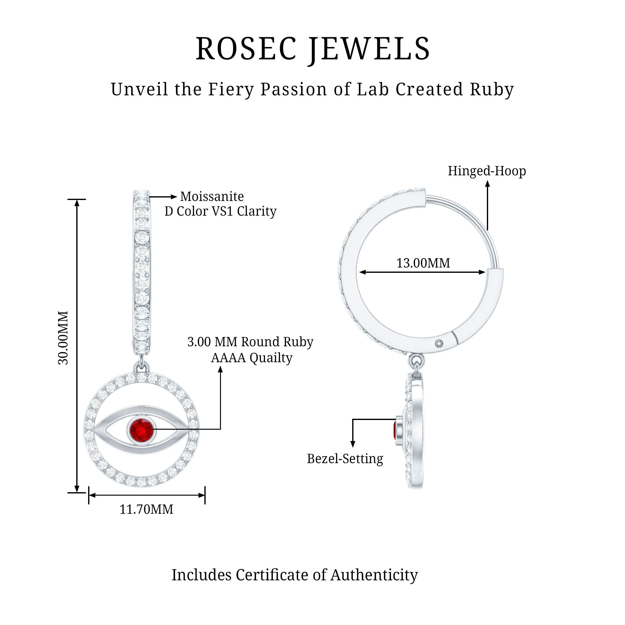 Lab Created Ruby and Moissanite Evil Eye Hoop Drop Earrings