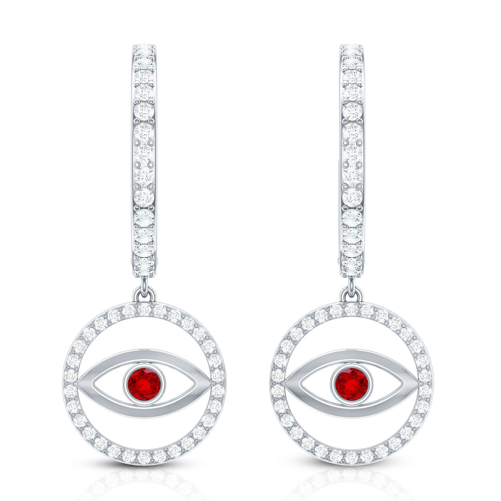 Lab Created Ruby and Moissanite Evil Eye Hoop Drop Earrings