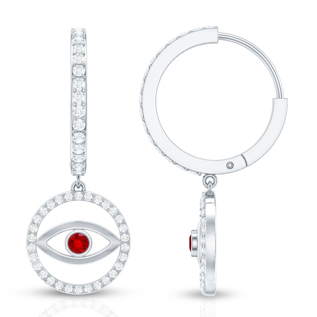 Lab Created Ruby and Moissanite Evil Eye Hoop Drop Earrings