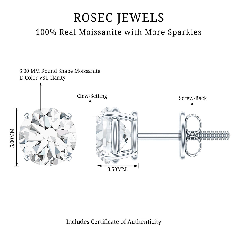 Round Moissanite 1 Carat Stud Earrings with Screw Back