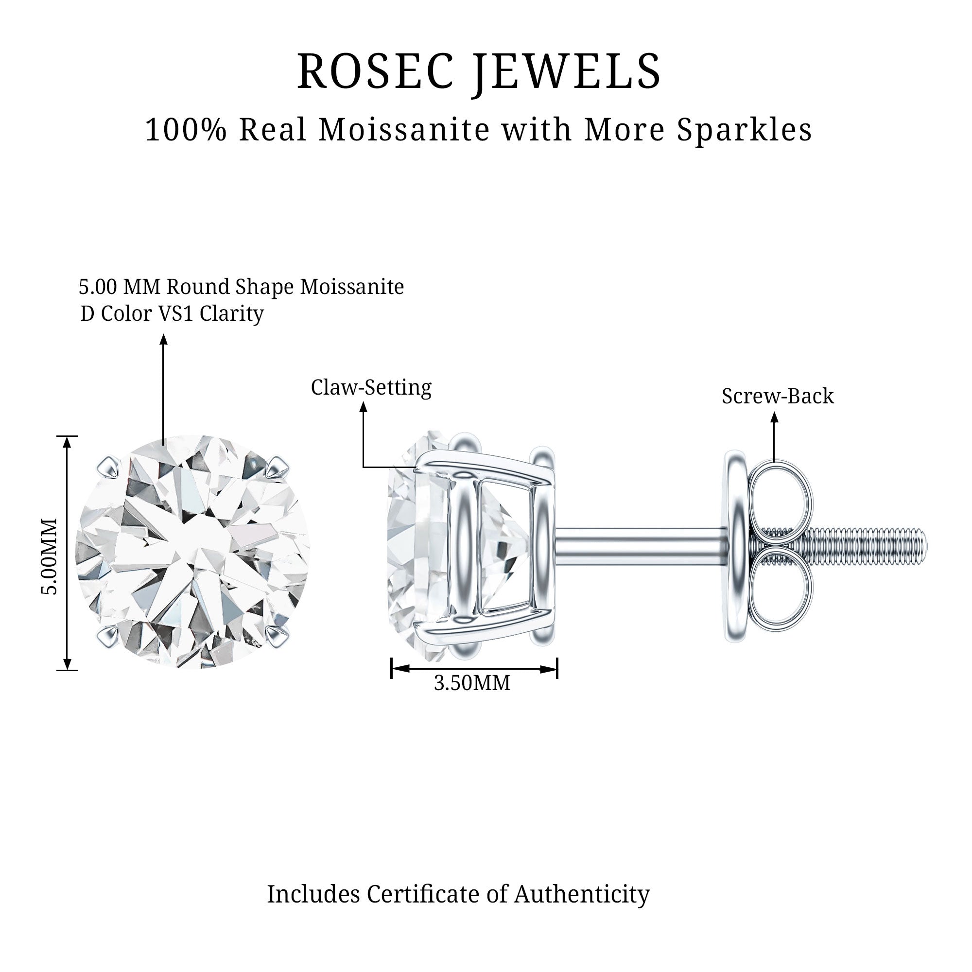 Round Moissanite 1 Carat Stud Earrings with Screw Back