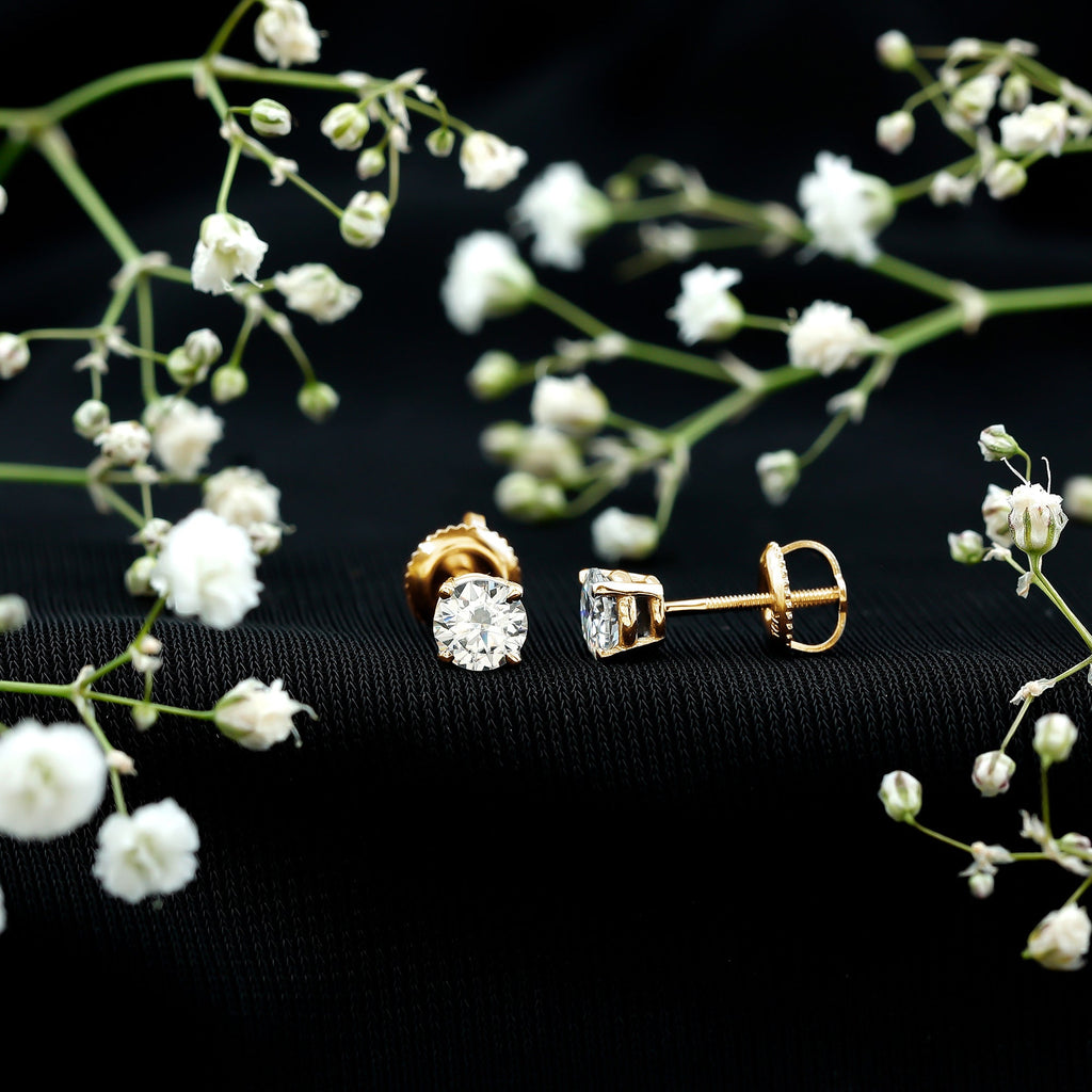 Round Moissanite 1 Carat Stud Earrings with Screw Back