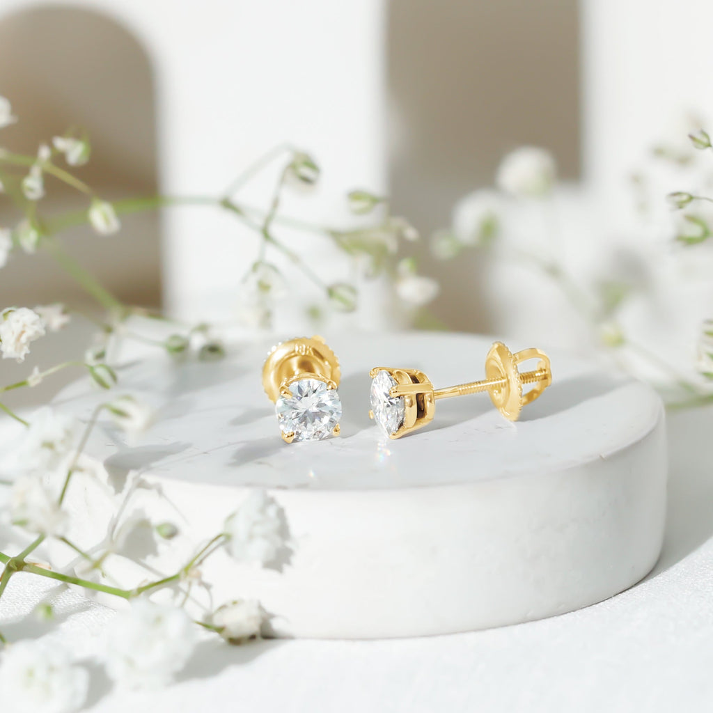 Round Moissanite 1 Carat Stud Earrings with Screw Back