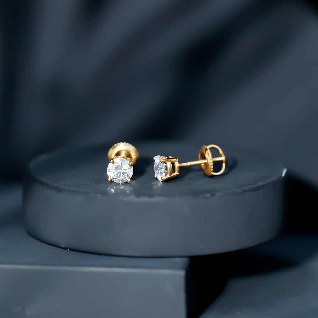 Round Moissanite 1 Carat Stud Earrings with Screw Back