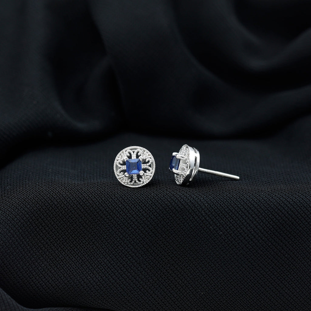 Antique Inspired Blue Sapphire and Diamond Stud Earrings