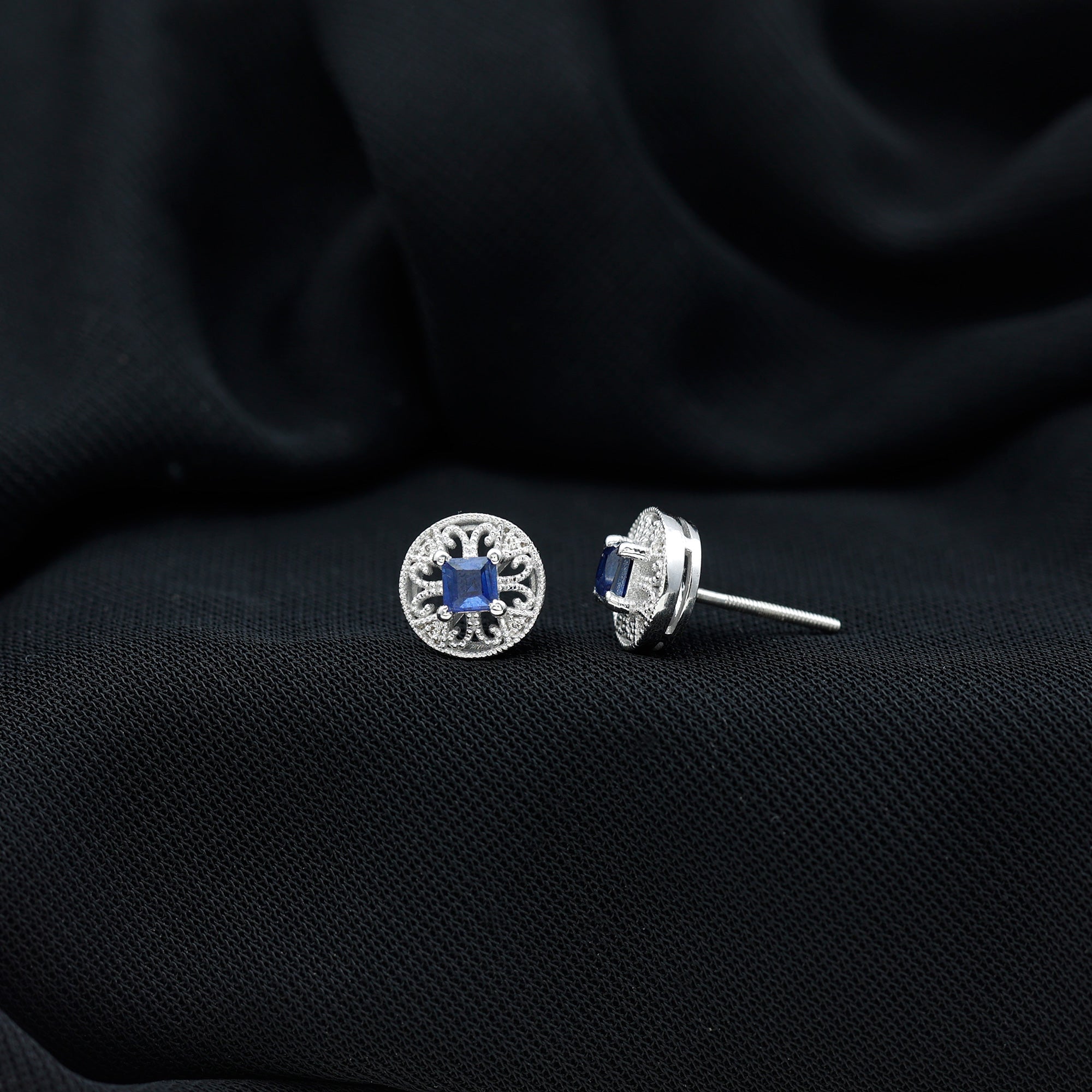 Antique Inspired Blue Sapphire and Diamond Stud Earrings
