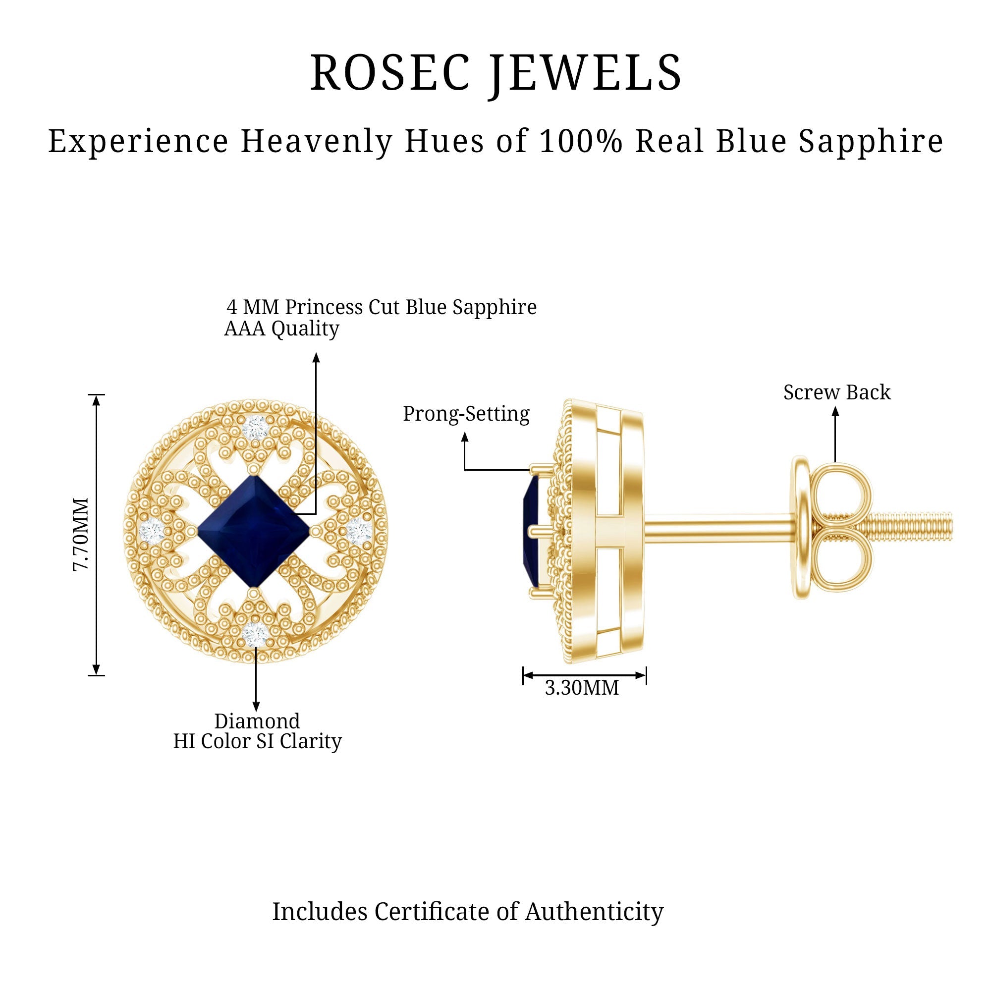 Antique Inspired Blue Sapphire and Diamond Stud Earrings