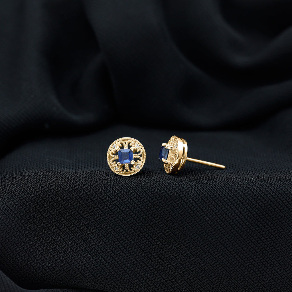 Antique Inspired Blue Sapphire and Diamond Stud Earrings