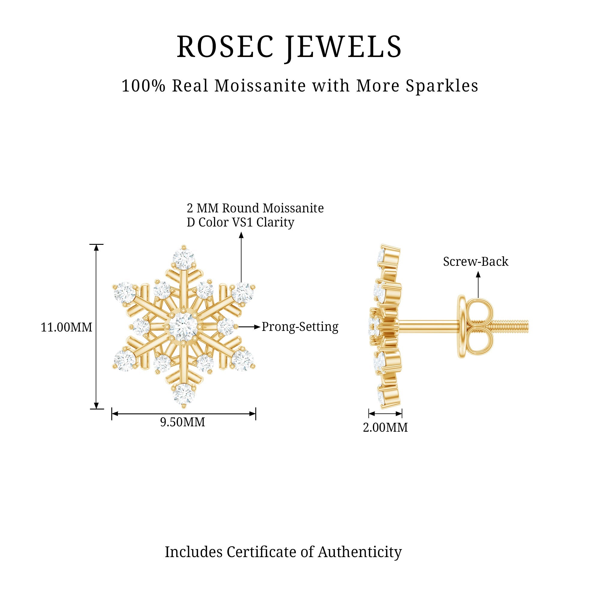 Certified Moissanite Snowflake Stud Earrings For Christmas