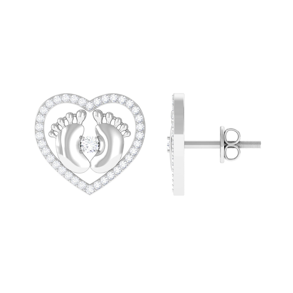 Diamond Heart Stud Earrings with Baby Feet