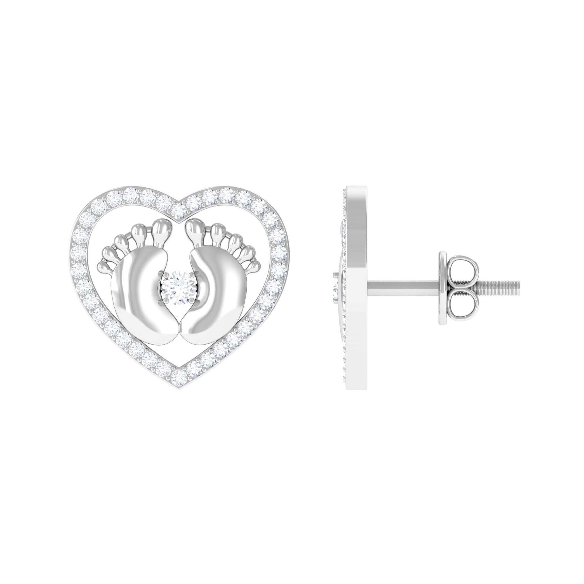 Diamond Heart Stud Earrings with Baby Feet