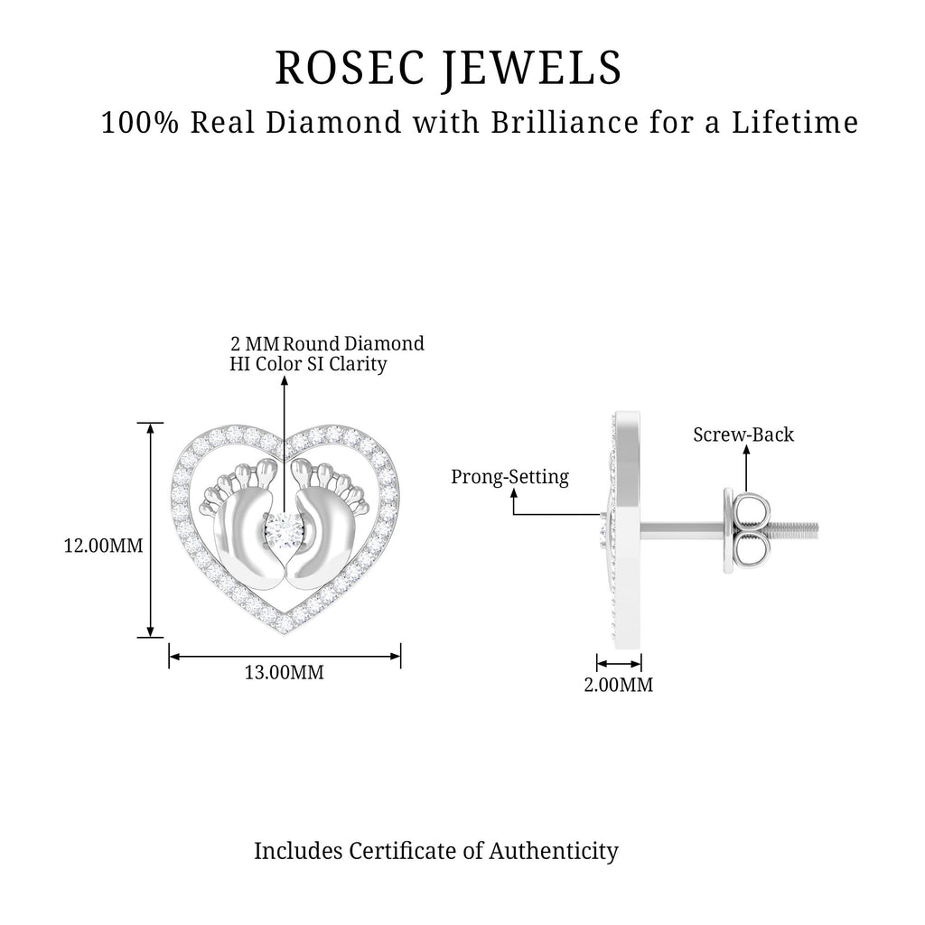 Diamond Heart Stud Earrings with Baby Feet