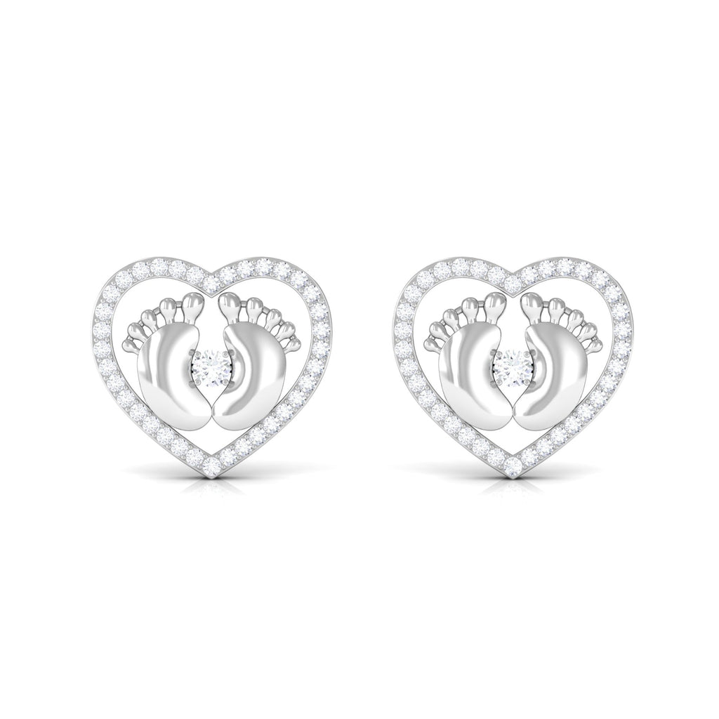 Diamond Heart Stud Earrings with Baby Feet