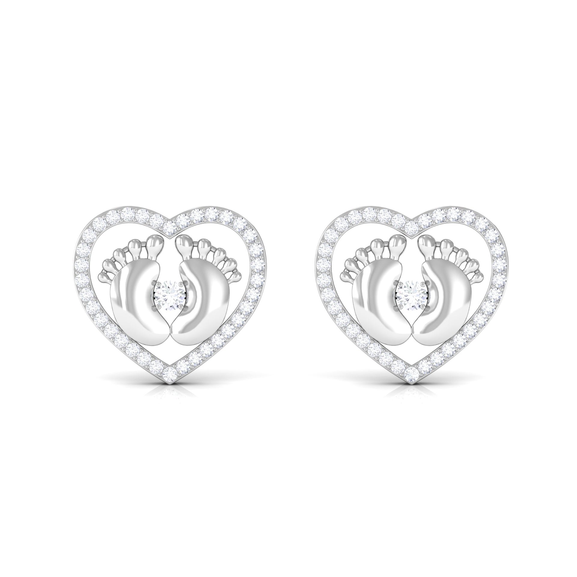 Diamond Heart Stud Earrings with Baby Feet