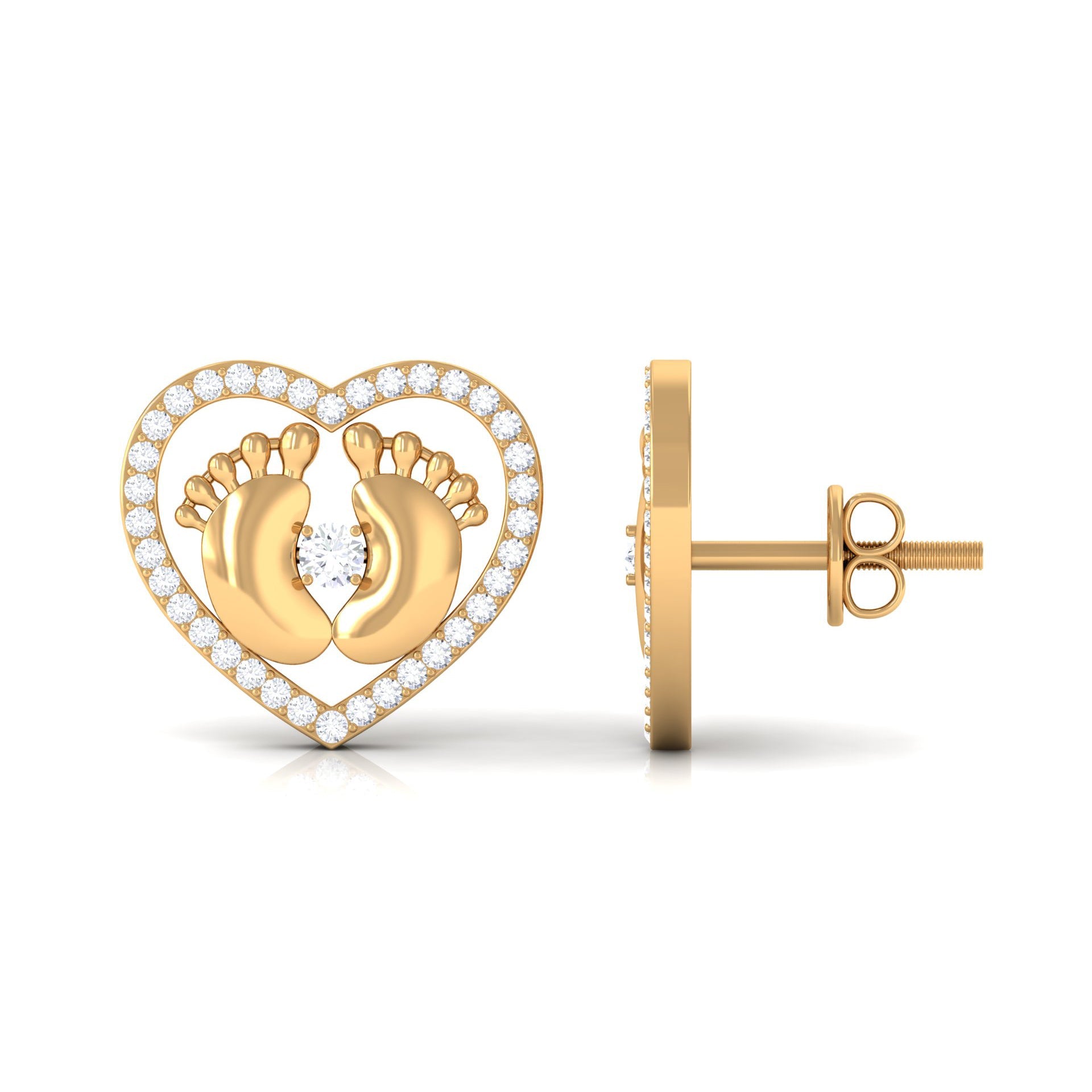 Diamond Heart Stud Earrings with Baby Feet