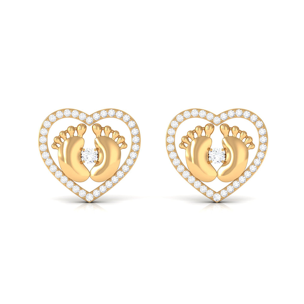 Diamond Heart Stud Earrings with Baby Feet