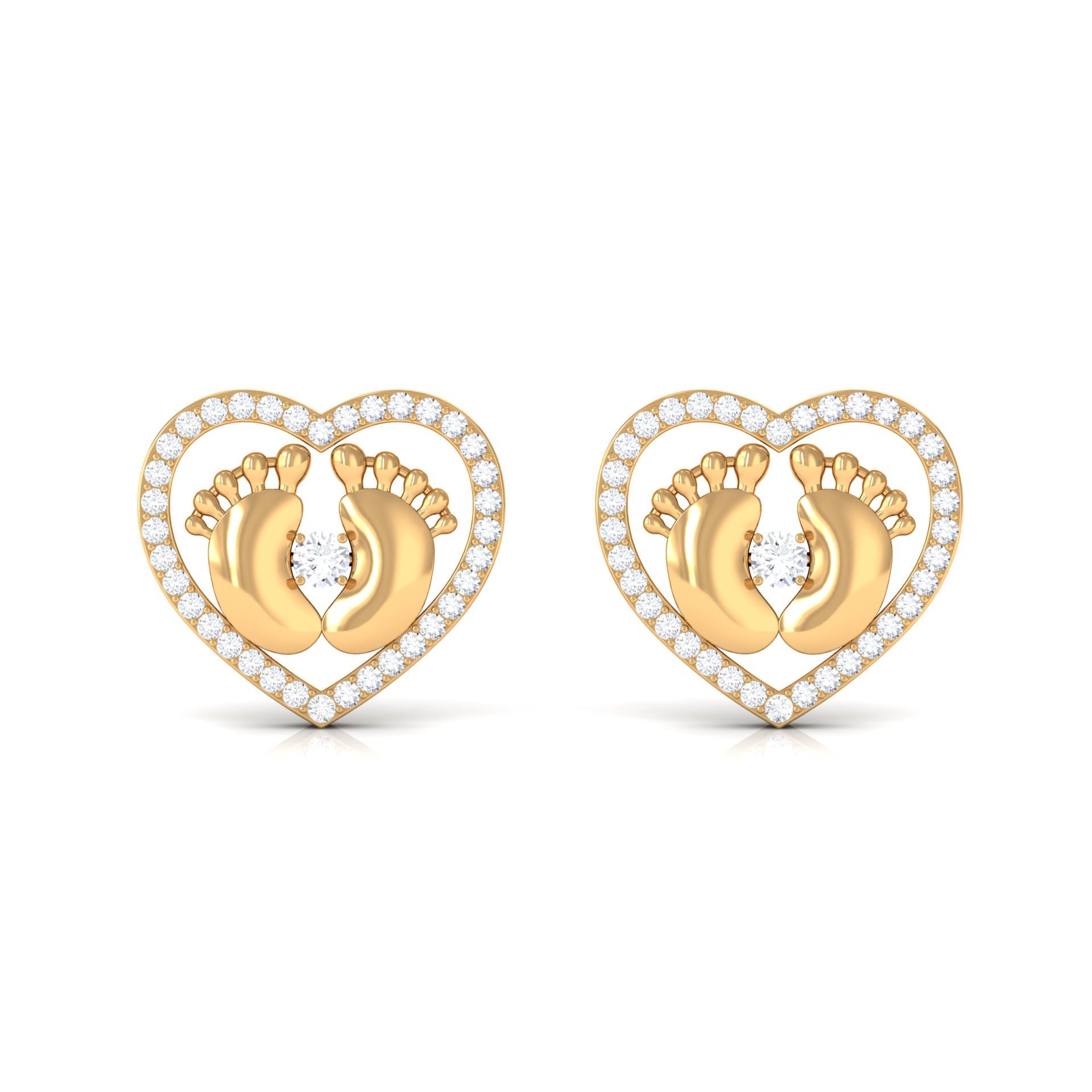 Diamond Heart Stud Earrings with Baby Feet