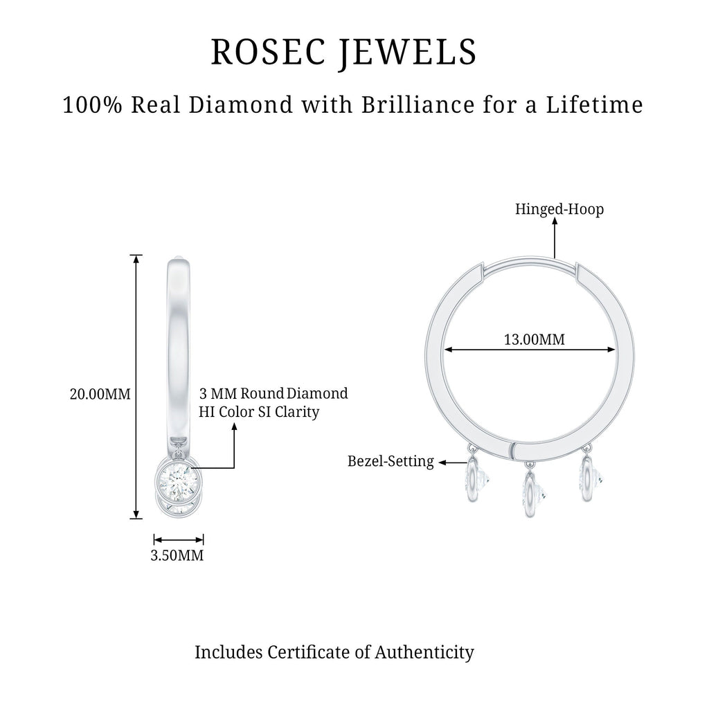 Natural 3 Stone Diamond Drop Hoop Earrings
