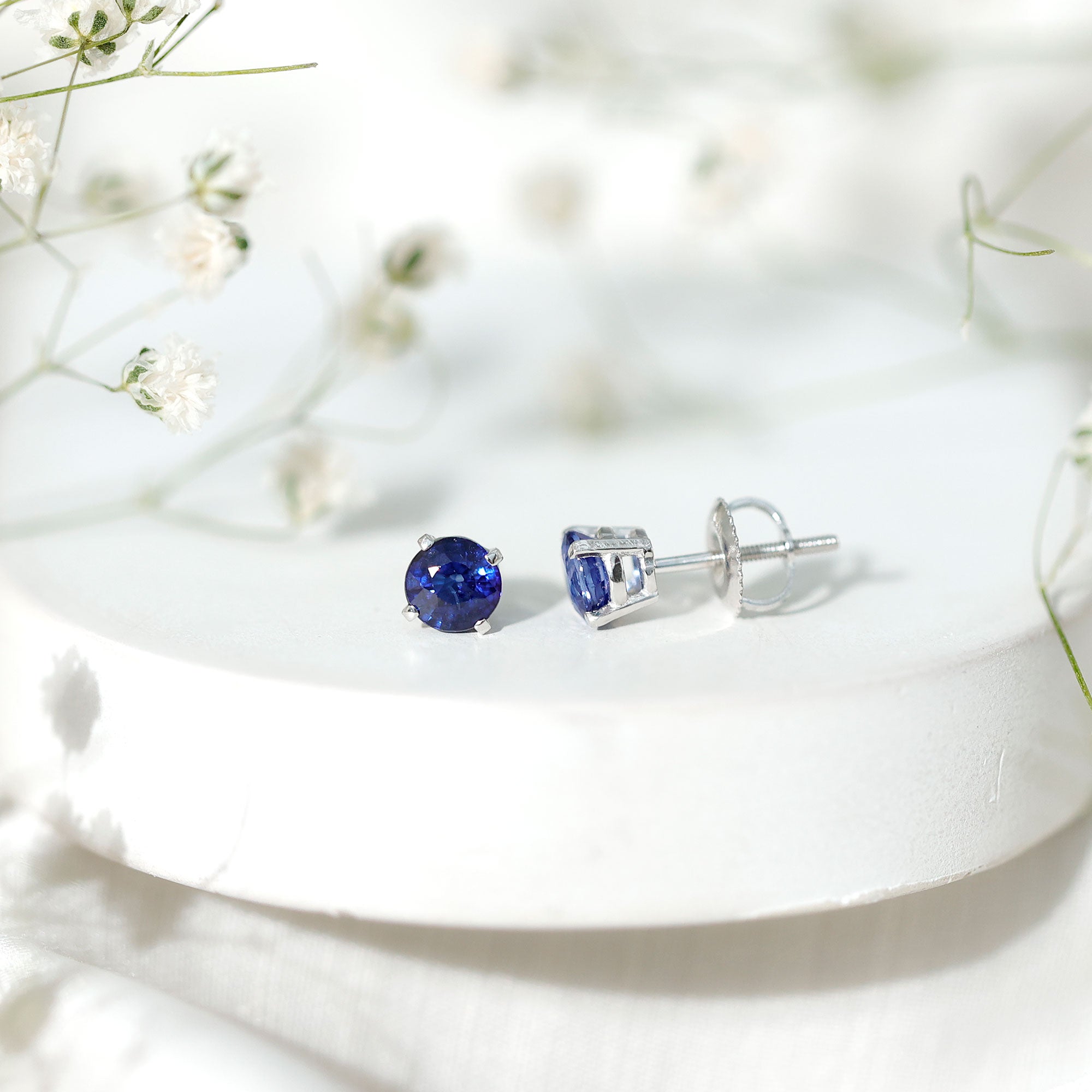 1.9 Carat Round Blue Sapphire Solitaire Stud Earrings in Claw Setting